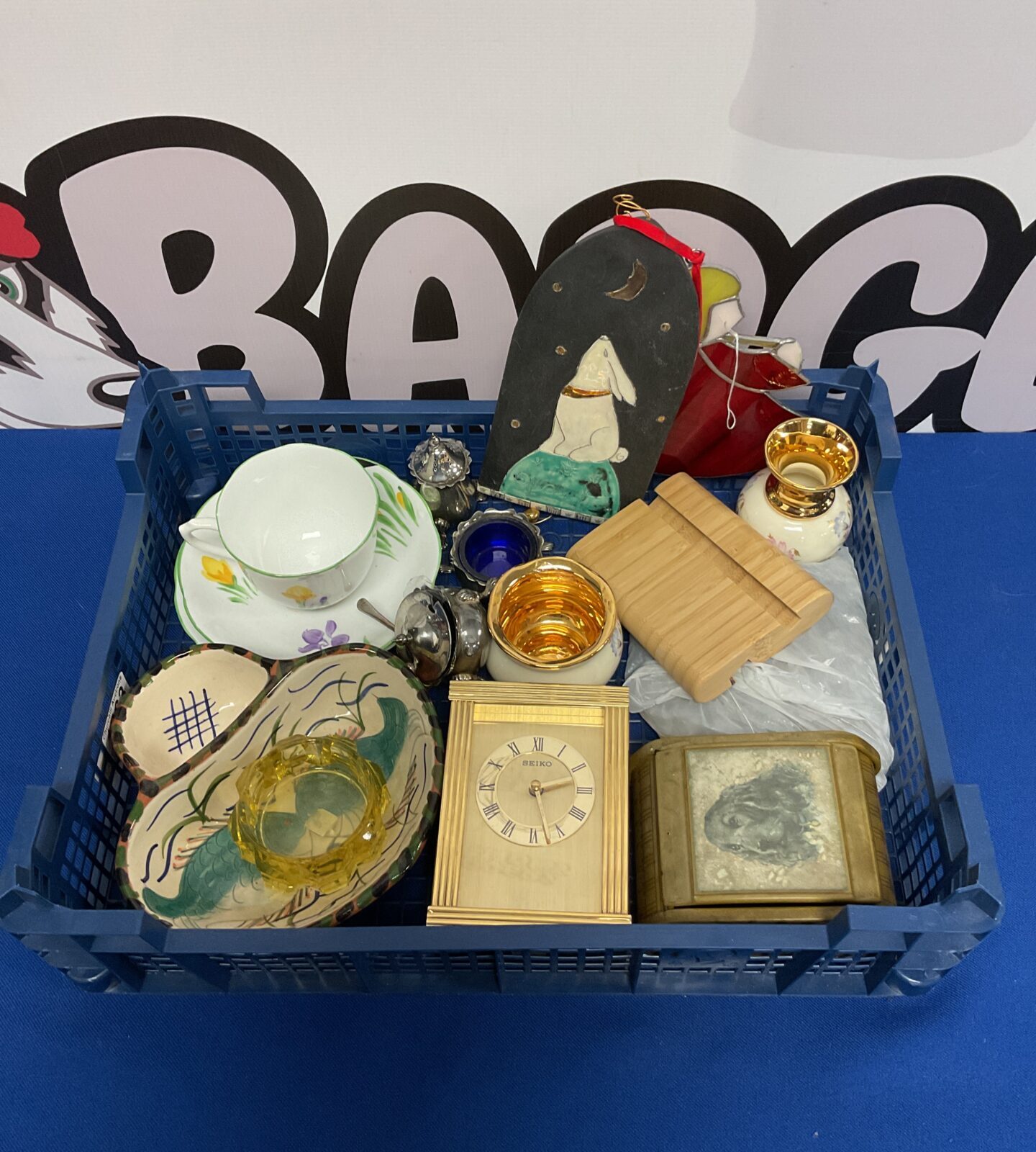 Tray of mixed including royal Albert teacup & saucer & seiko carriage clock