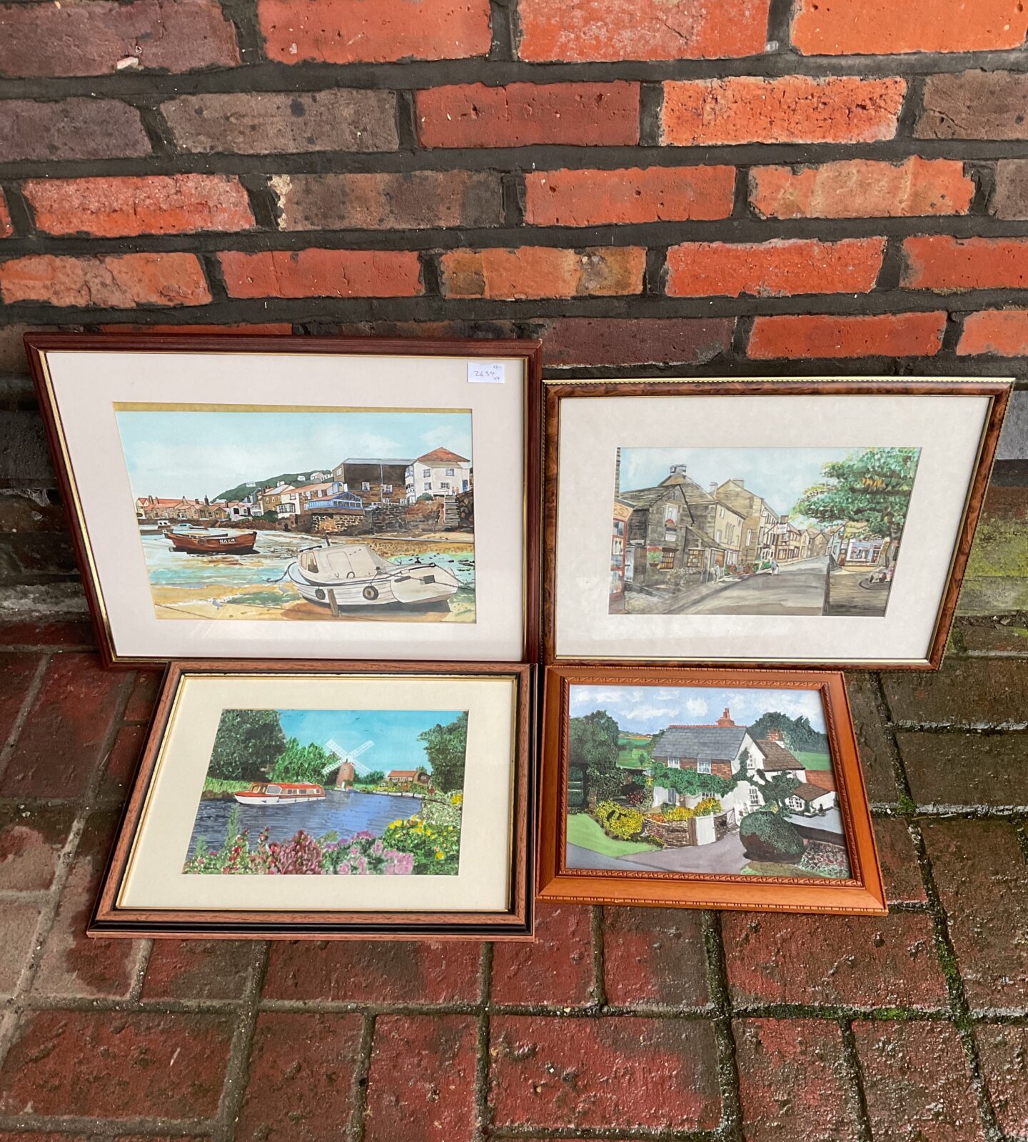 Four original framed watercolours of boats in dock, windmill on canal & cottages