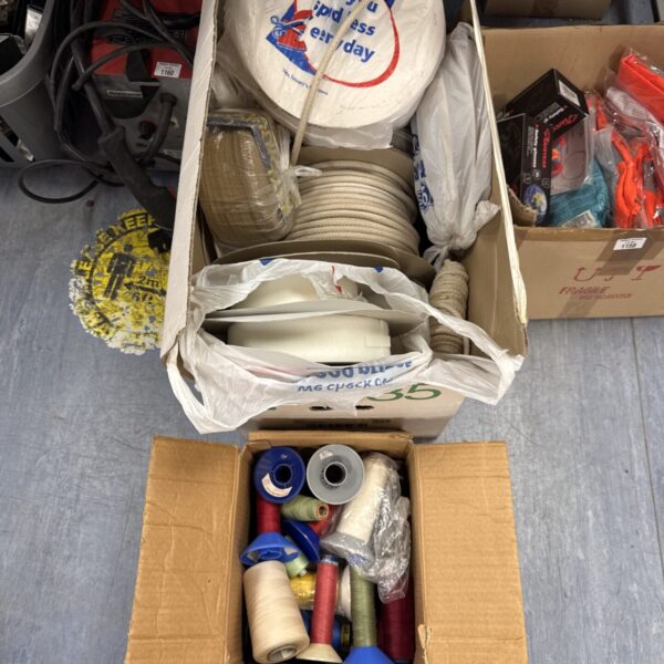 Two boxes of assorted crafting items inc rope & thread
