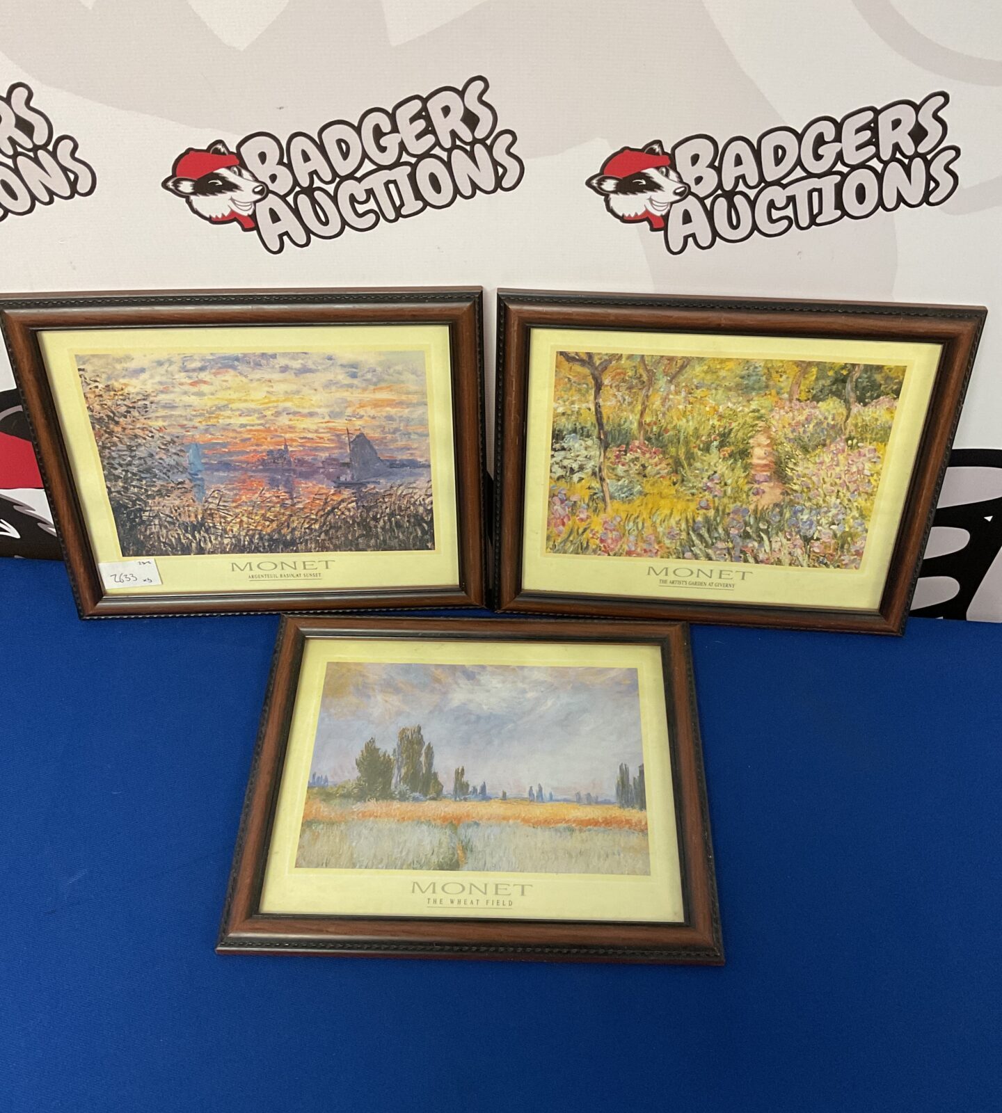 Three framed monet prints including the wheat field & argenteuil basin at sunset