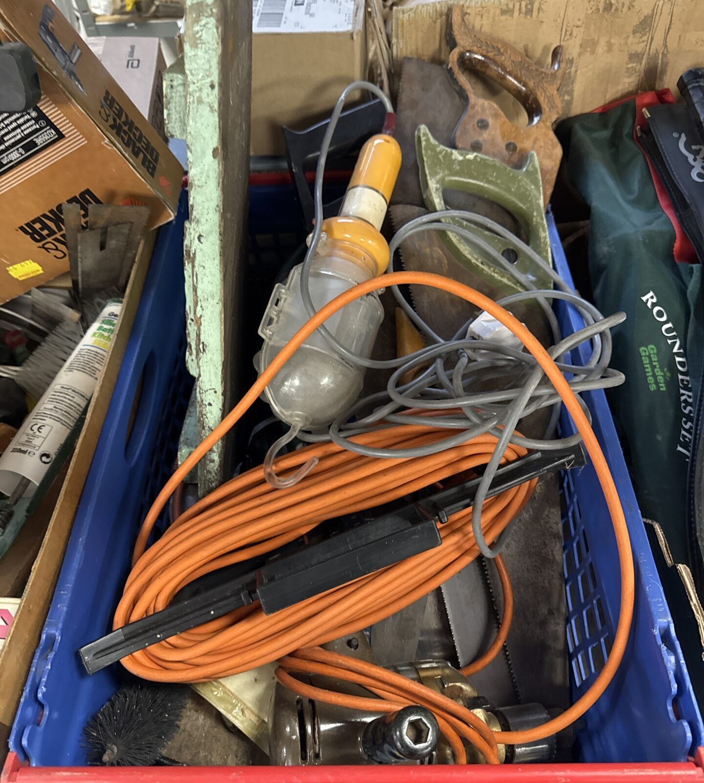 Box of shed clearance items inc inspection lamp