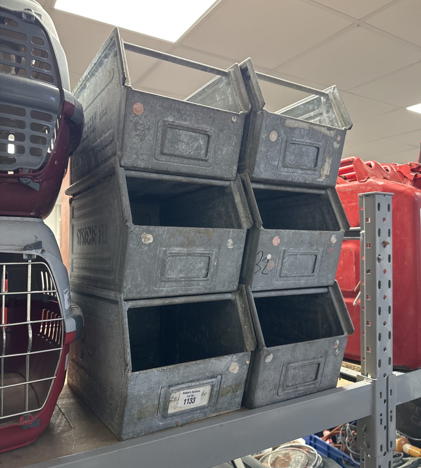 Six large schafer metal storage trays