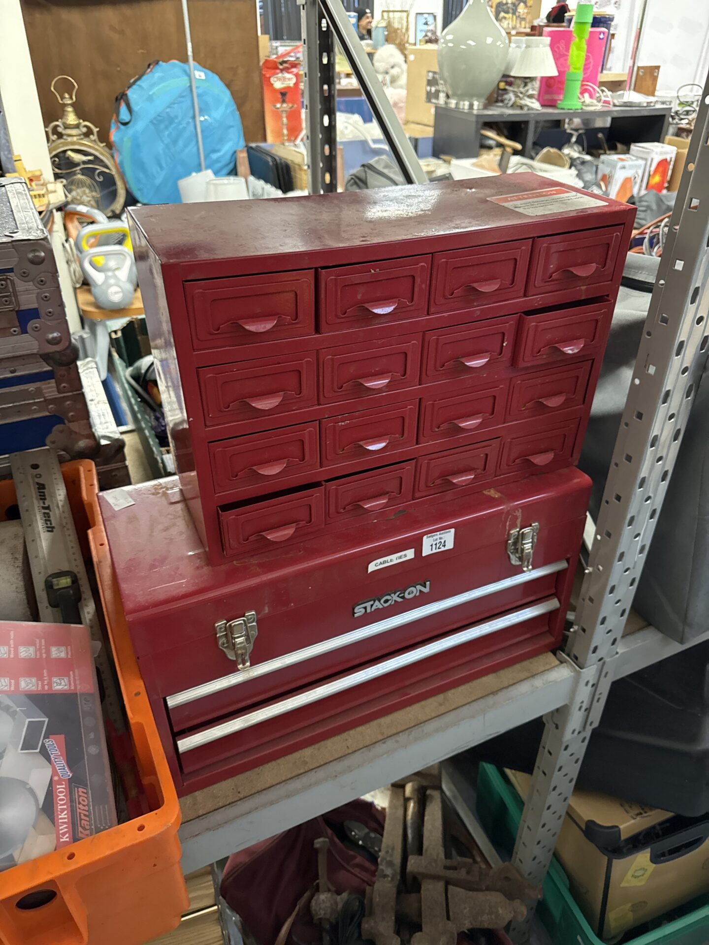 Stack-on metal toolbox with set of metal engineers drawers