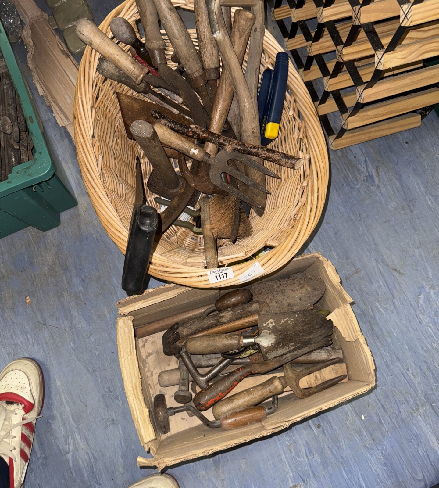 Basket & box of vintage hand tools