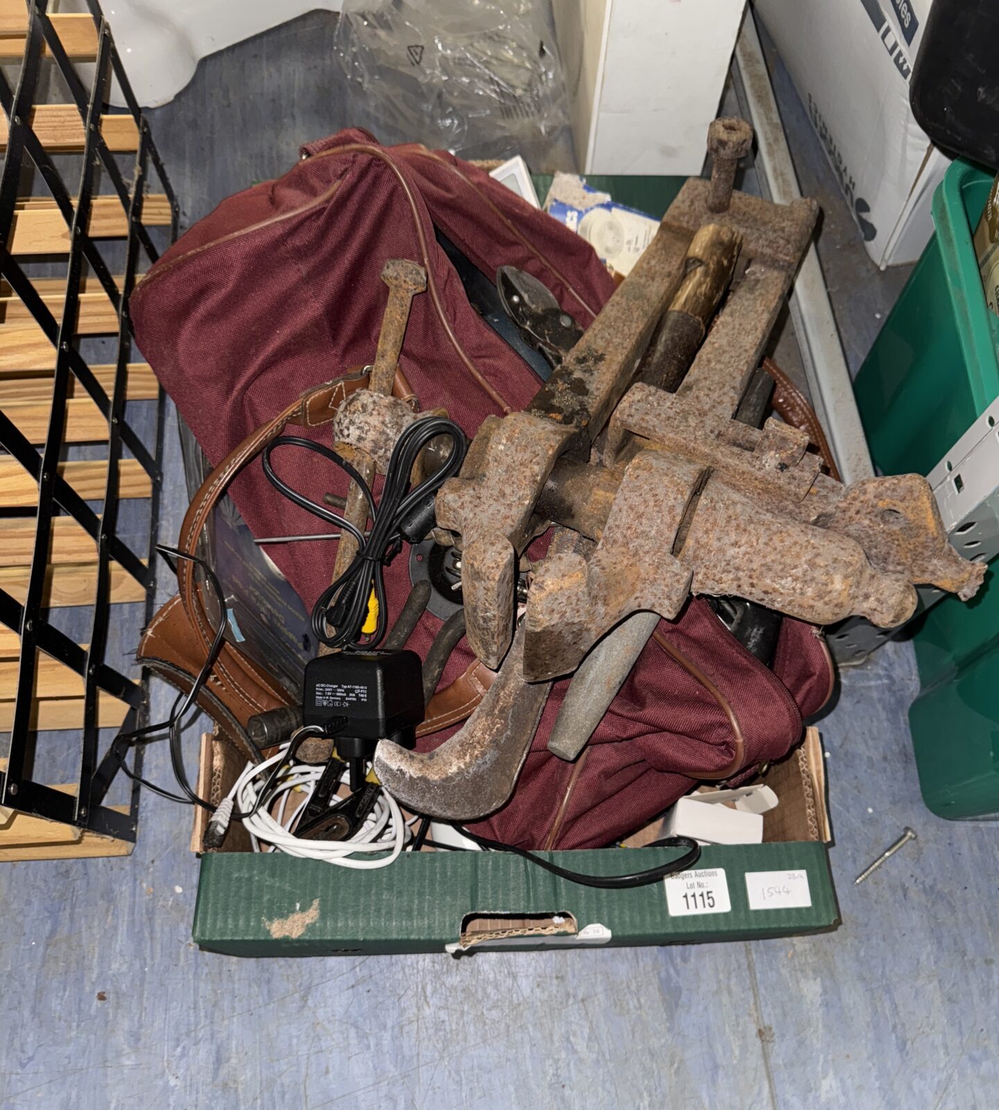 Tray of shed clearance items inc large clamp