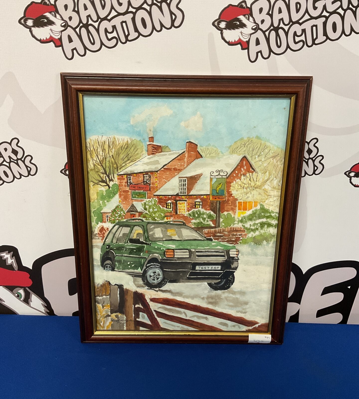 Lionel humphries watercolour of land rover in front of pub