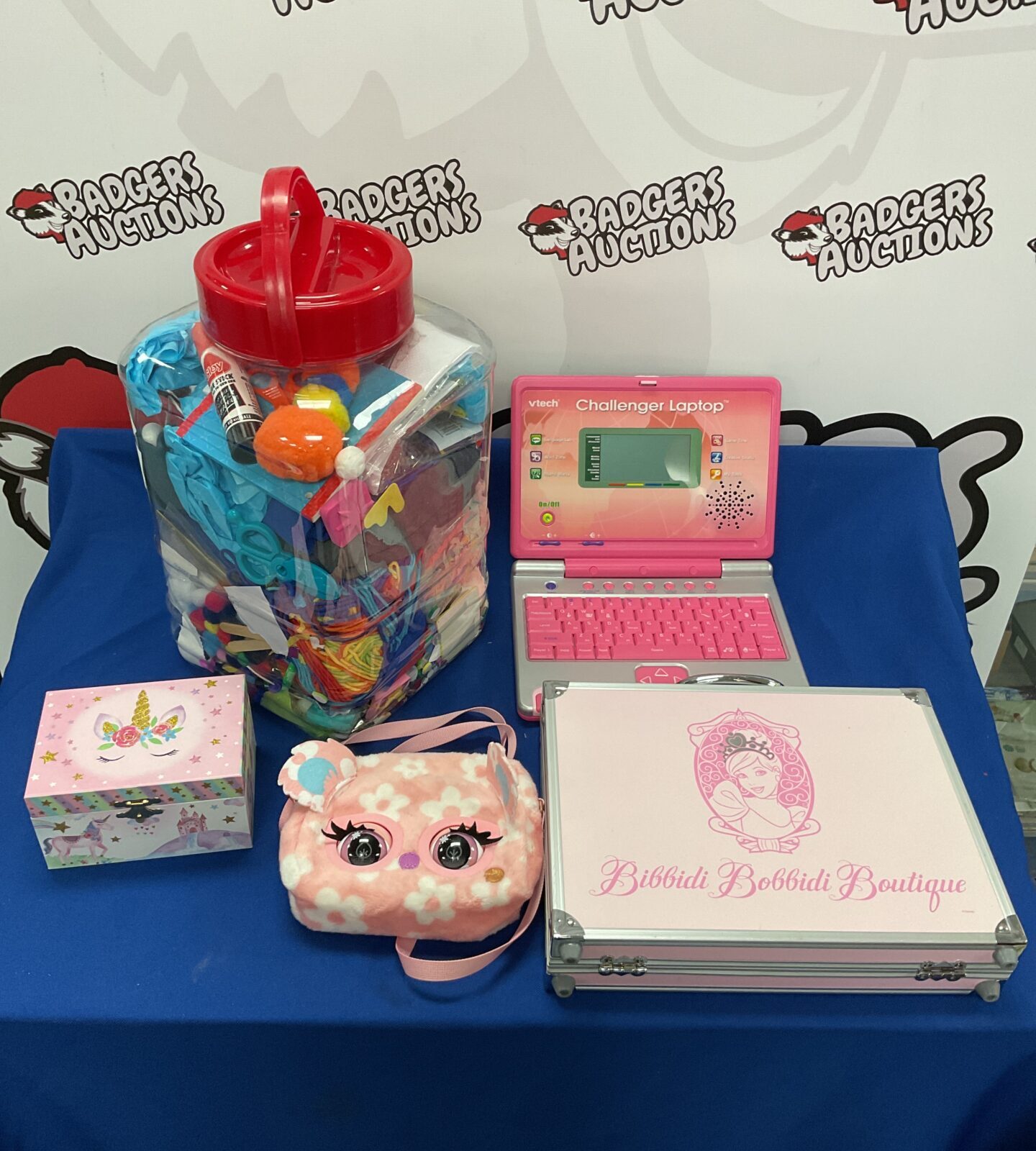 Tub of crafting materials & girls toys inc vtech laptop