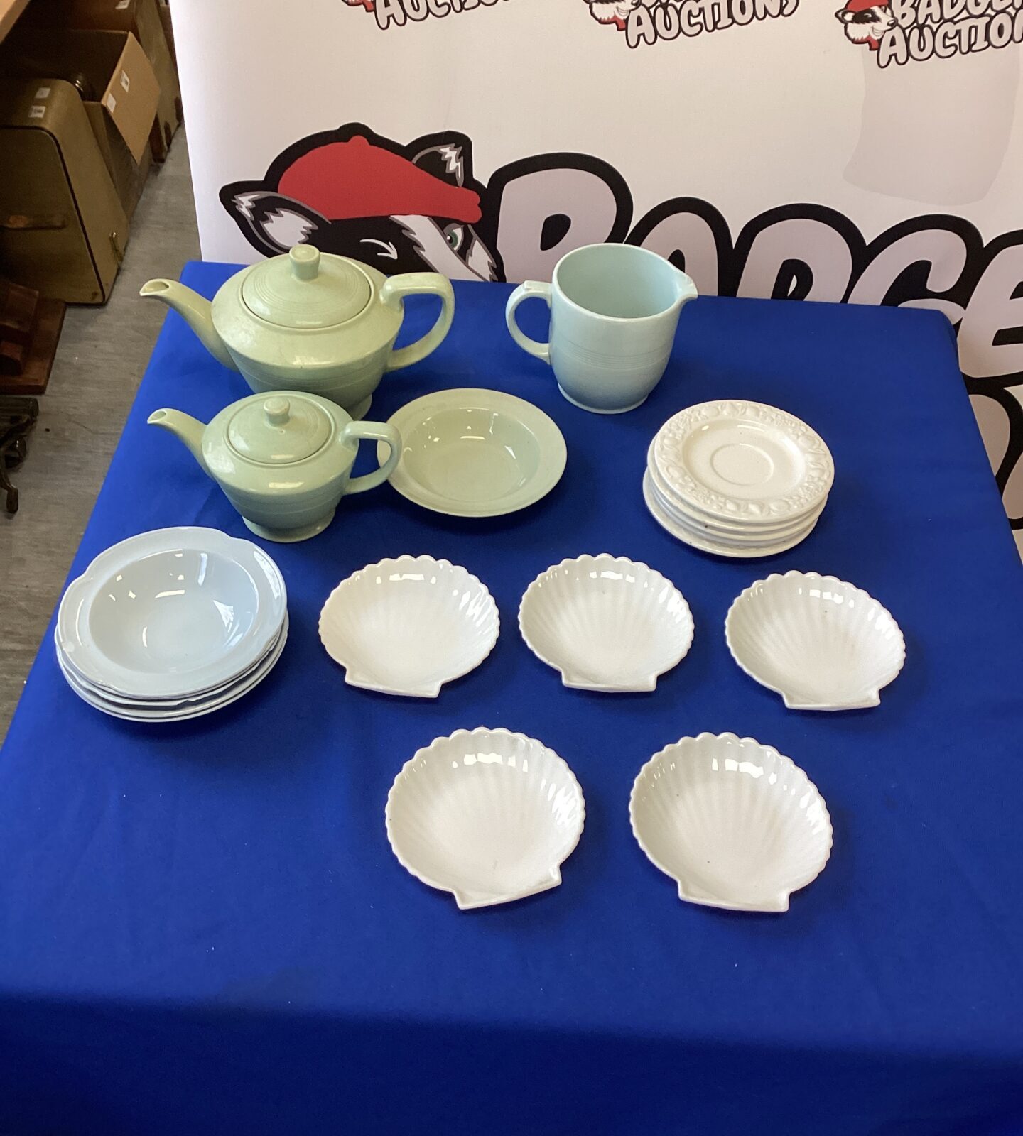 Tray of mixed pottery items inc Wood Ware Tea Pots