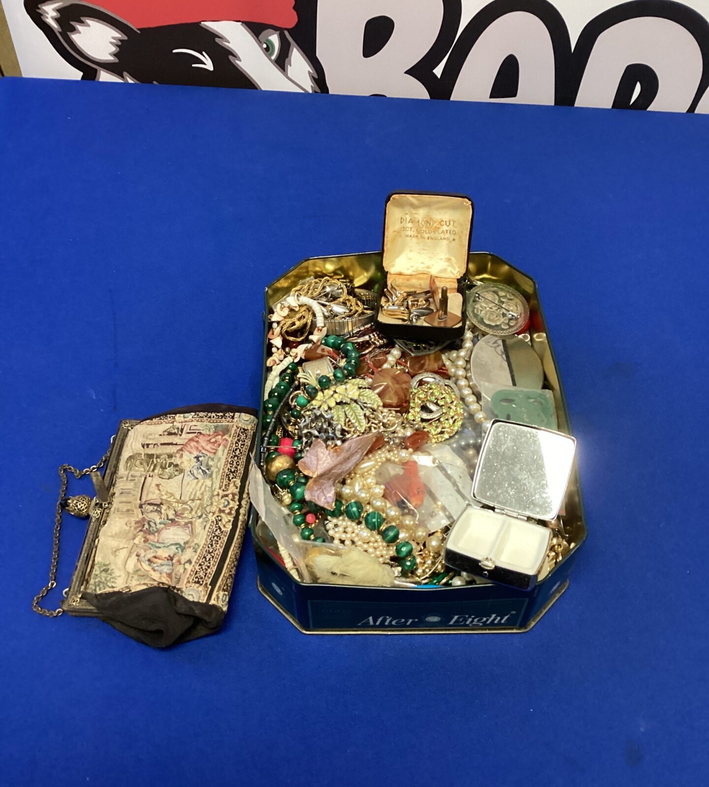 Tin of Costume jewellery with other items