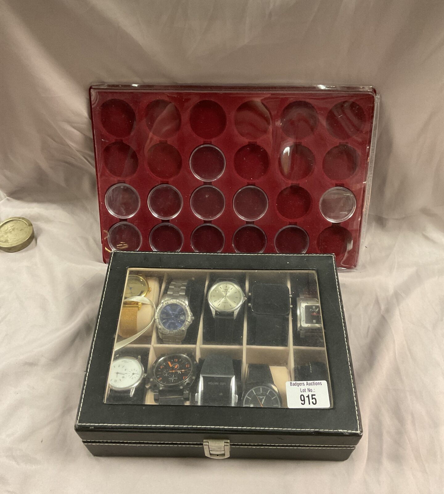 ten watches in display box and coin tra - Image 2