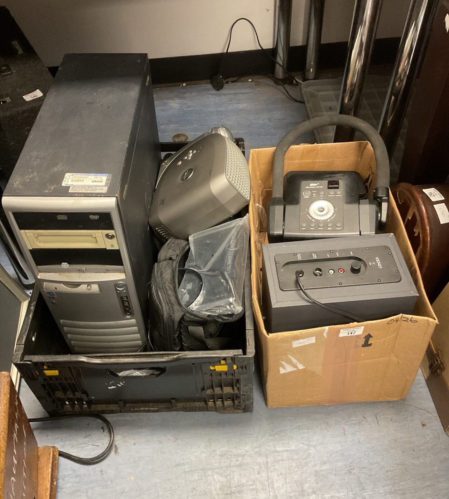 Two boxes of computers, projectors & speakers including aver vision cp135