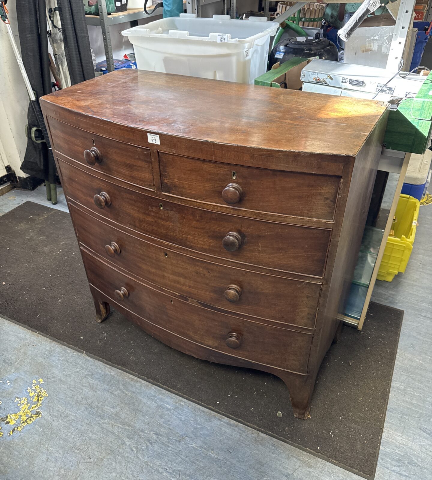 Large antique bow fronted two over three chest of drawers 40.5” length