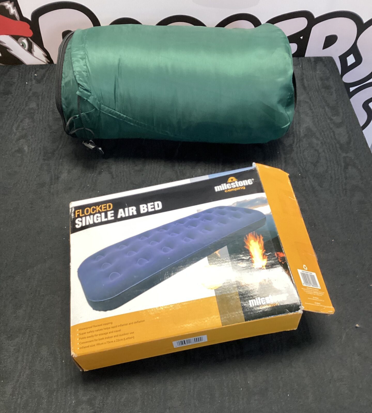 Single air bed with sleeping bag