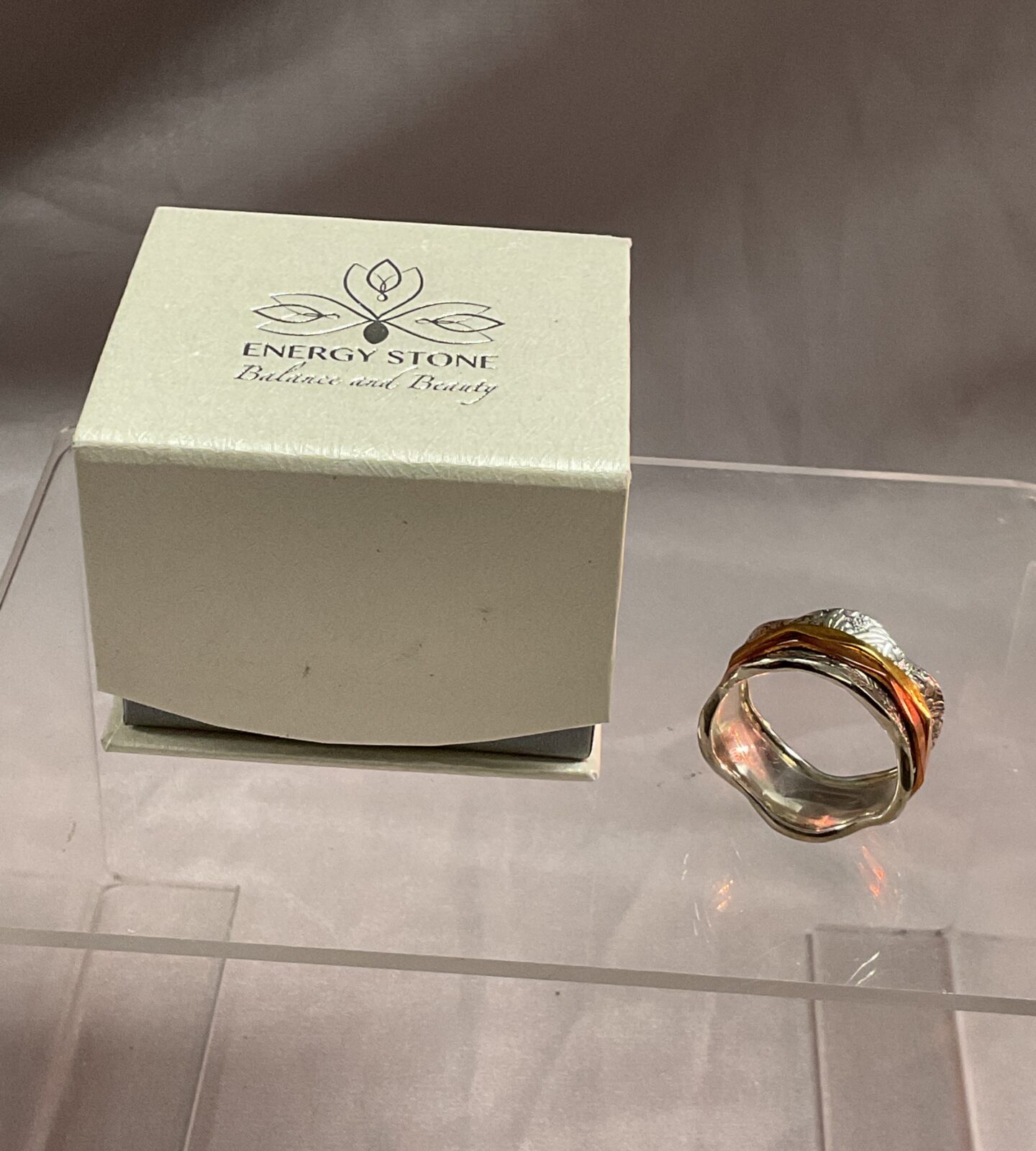 925 Silver Energy stone ring size x with copper and brass spinners