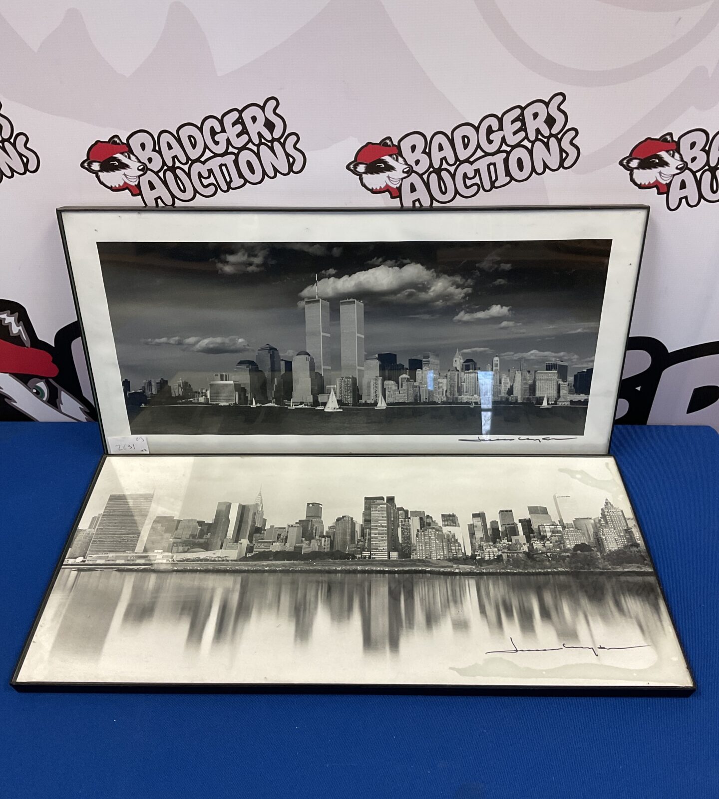 Pair of black & white photographic prints of the hew York skyline with twin towers
