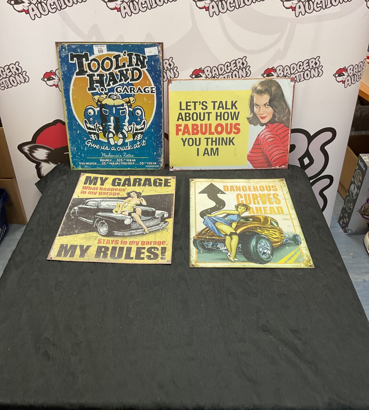 Four repro aluminium car signs