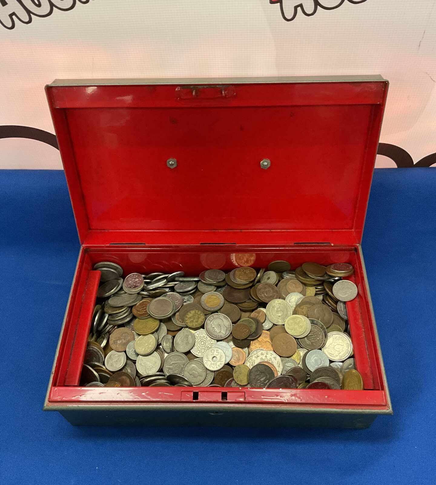 Metal cash tin full of coins 6kg approx