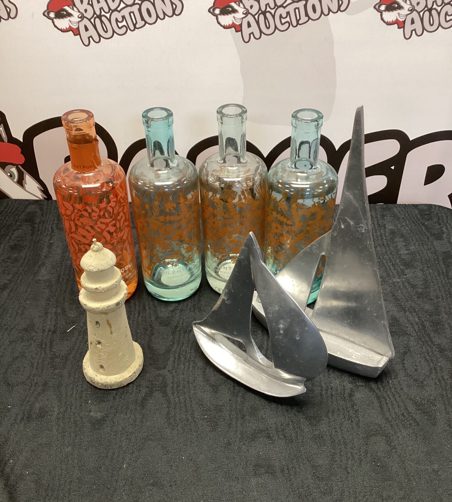 4 Empty Gin Bottles and Decorative Items