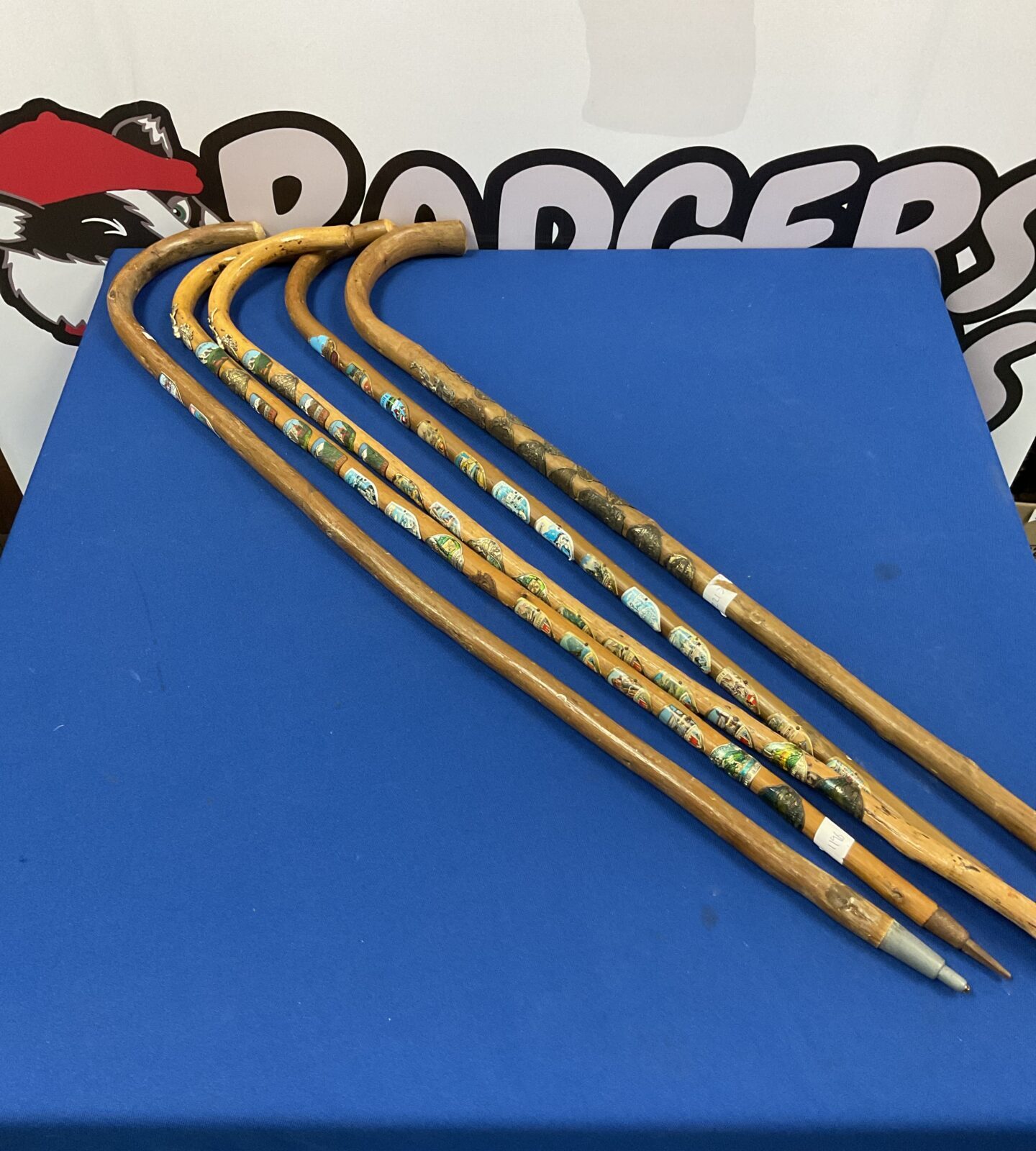 Collection of vintage walking sticks with travel plaques