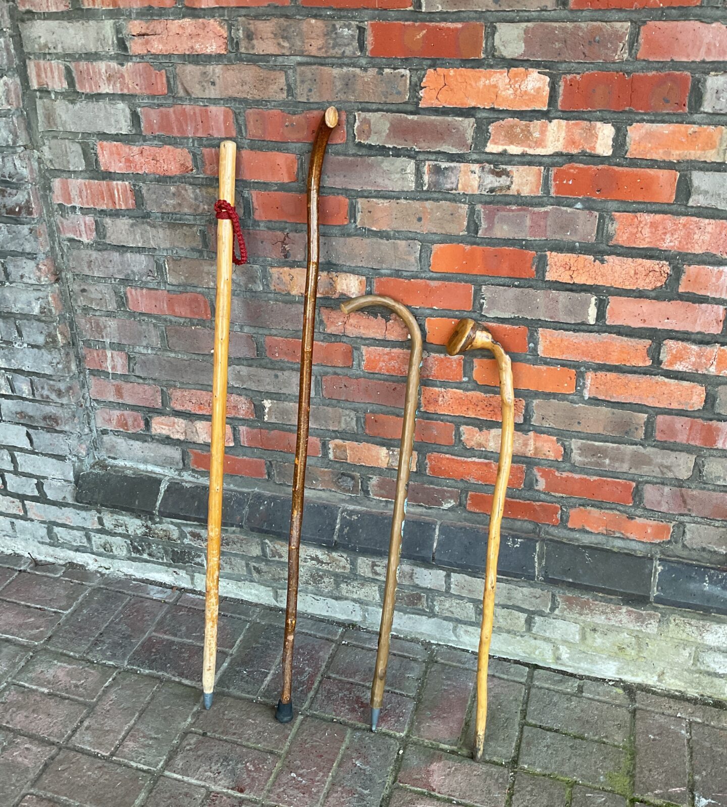 Collection of vintage walking sticks with travel plaques