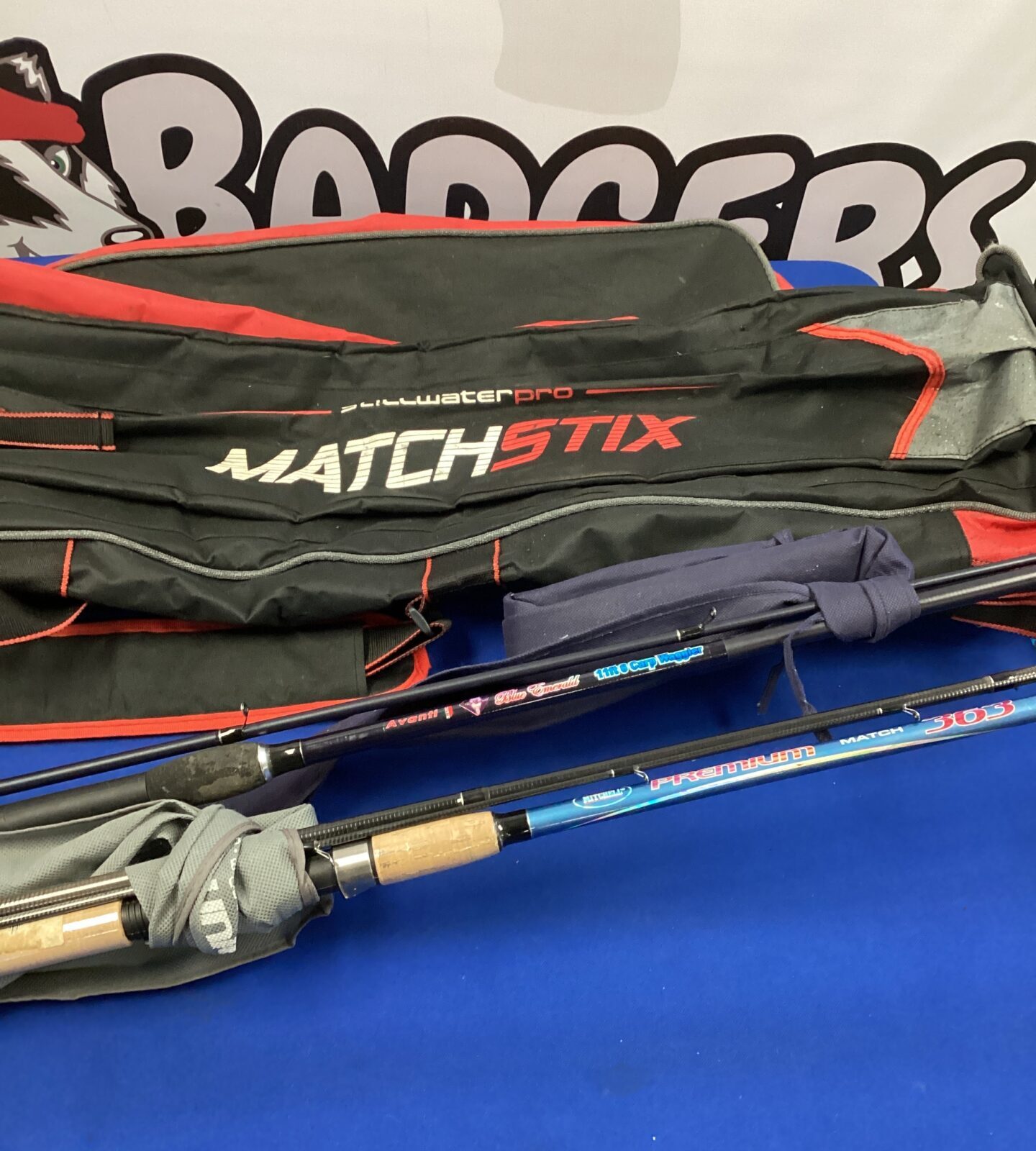 Stillwater pro match stix rod bag with rods inc mitchell premium match 363 & avanti blue emerald carp rod