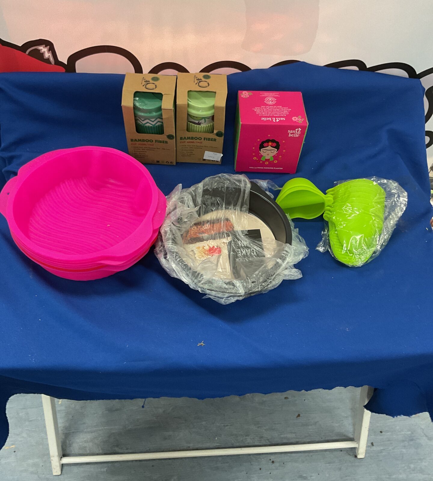 Selection of mixed kitchen items inc bamboo fibre cups, moulds and pans