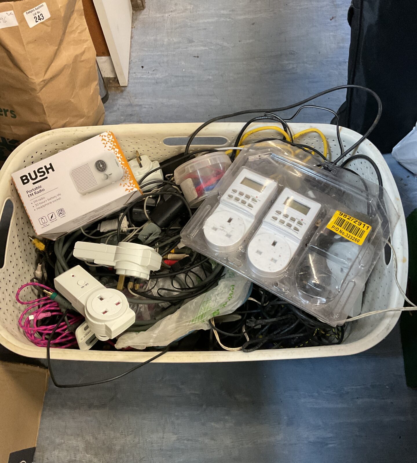 Large box of mixed cables including plug timers