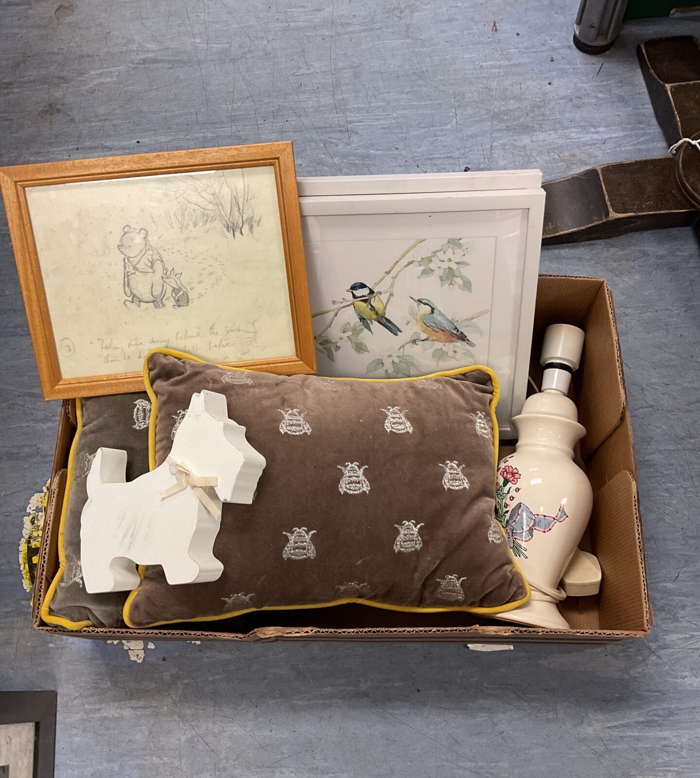 Box to include bee cushions, table lamp & winnie the pooh print