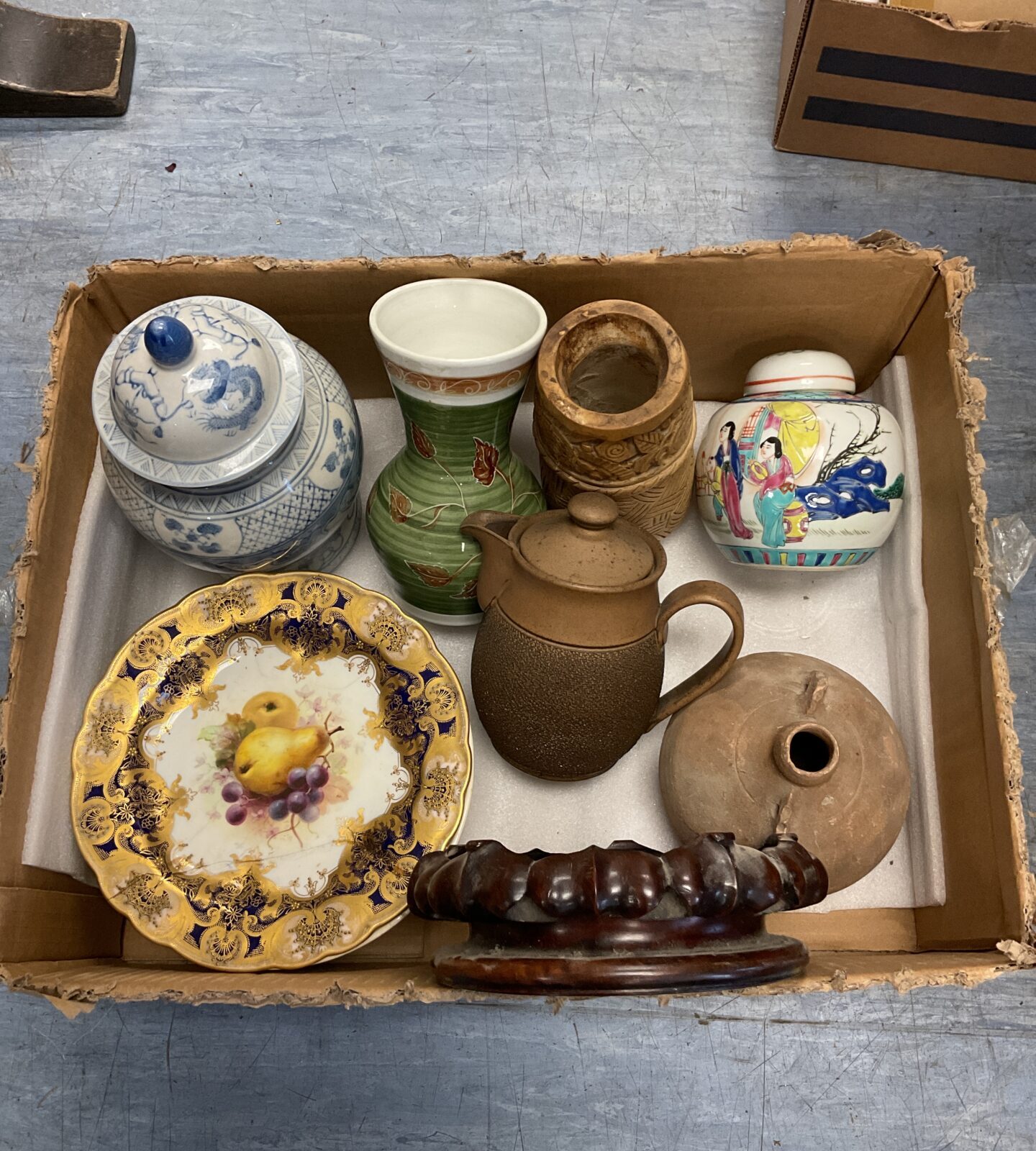 Tray of pottery & china including denby & ginger jar