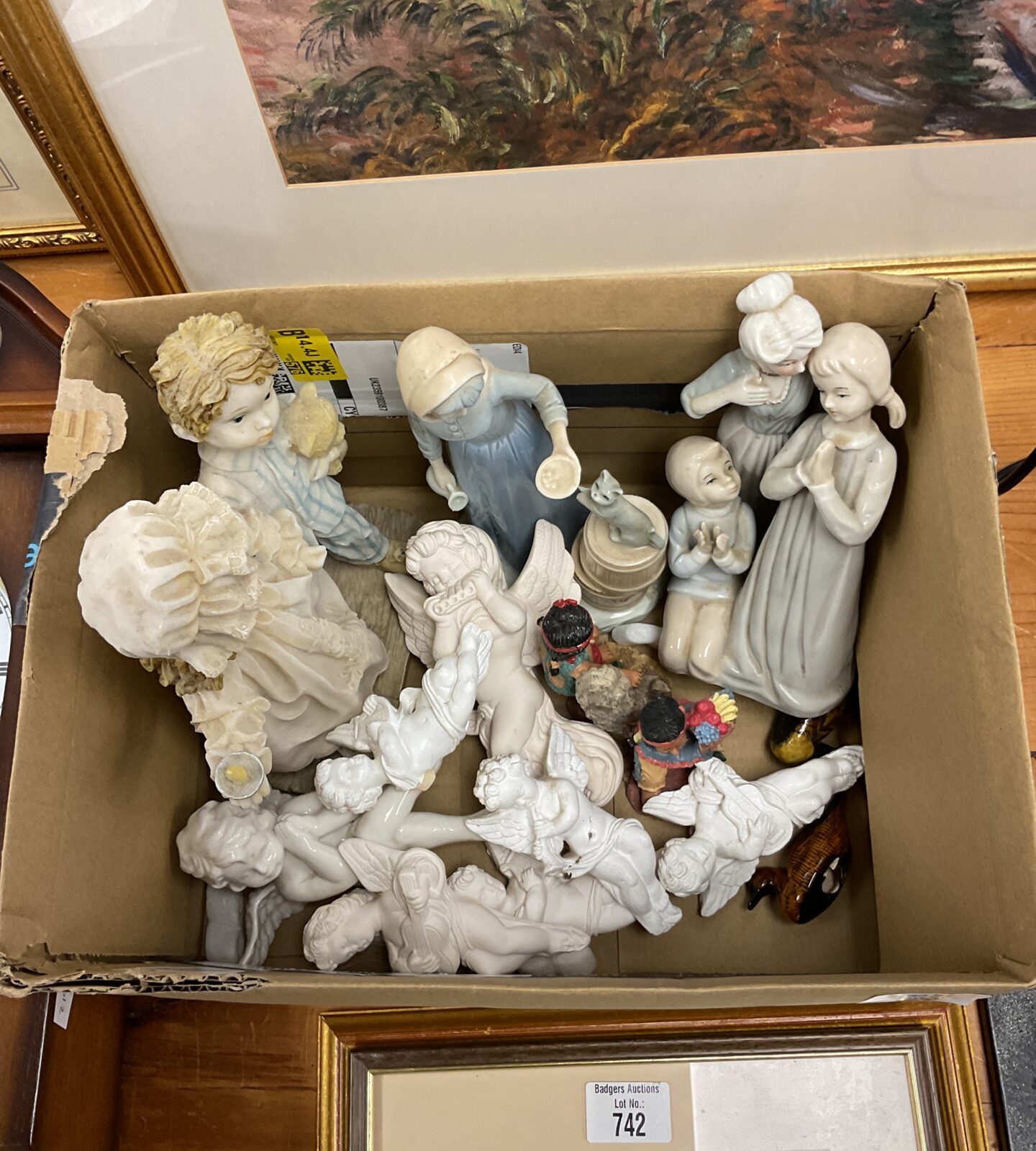 Box of lladro style ornaments & plaster cherubs