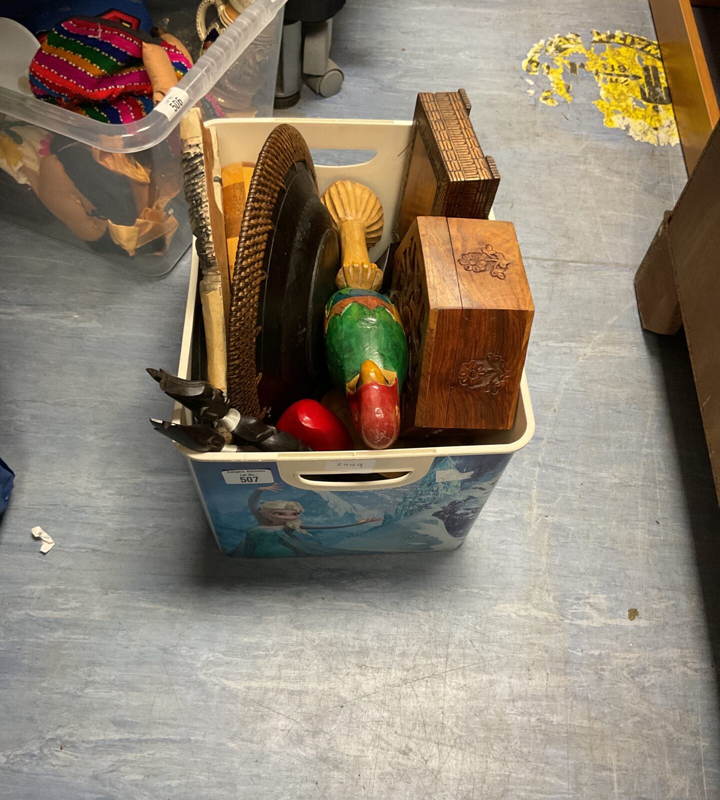 Box if mixed inc vintage storage boxes and african carved knifes