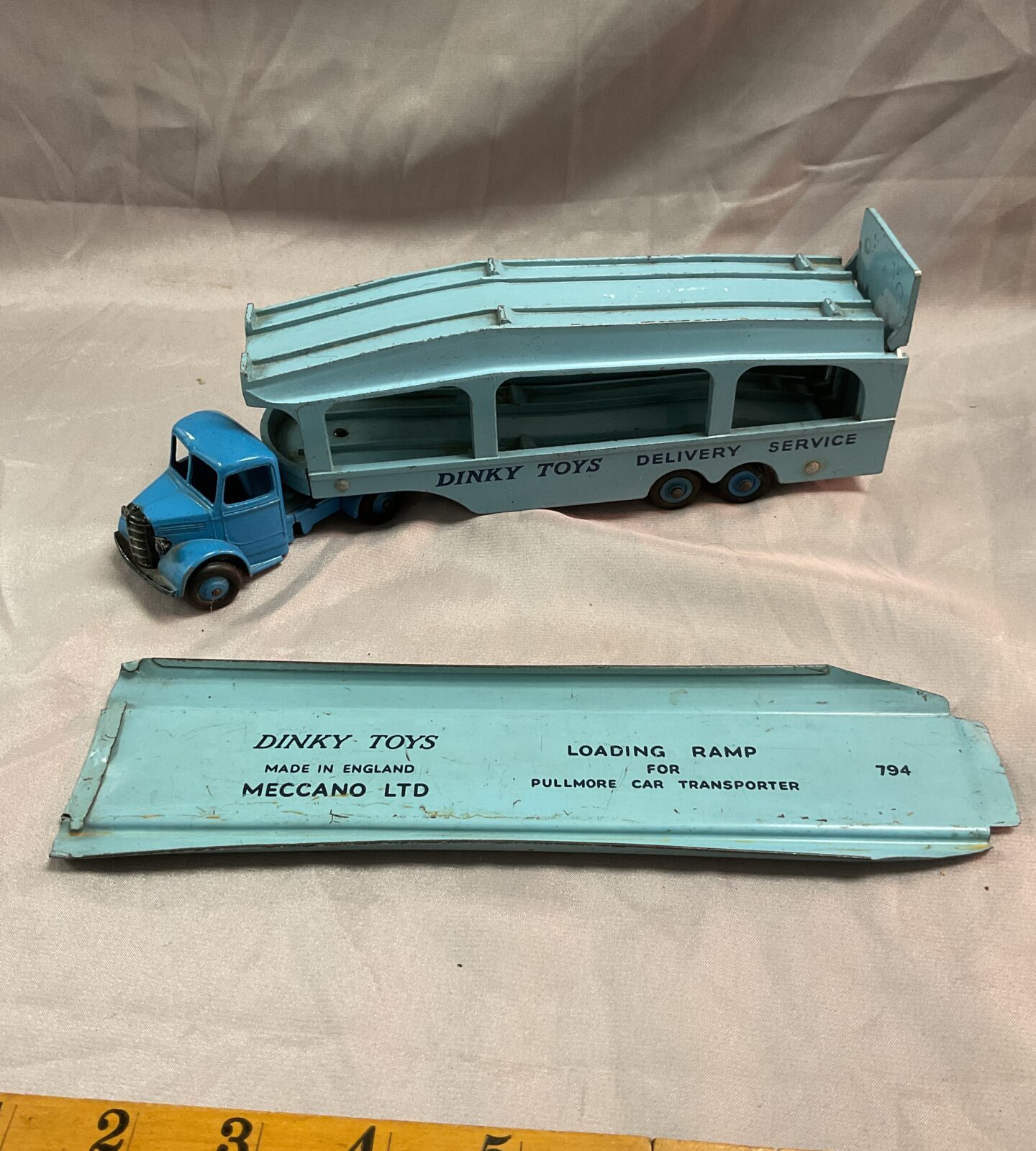 Vintage dinky pull more car transporter with ramp