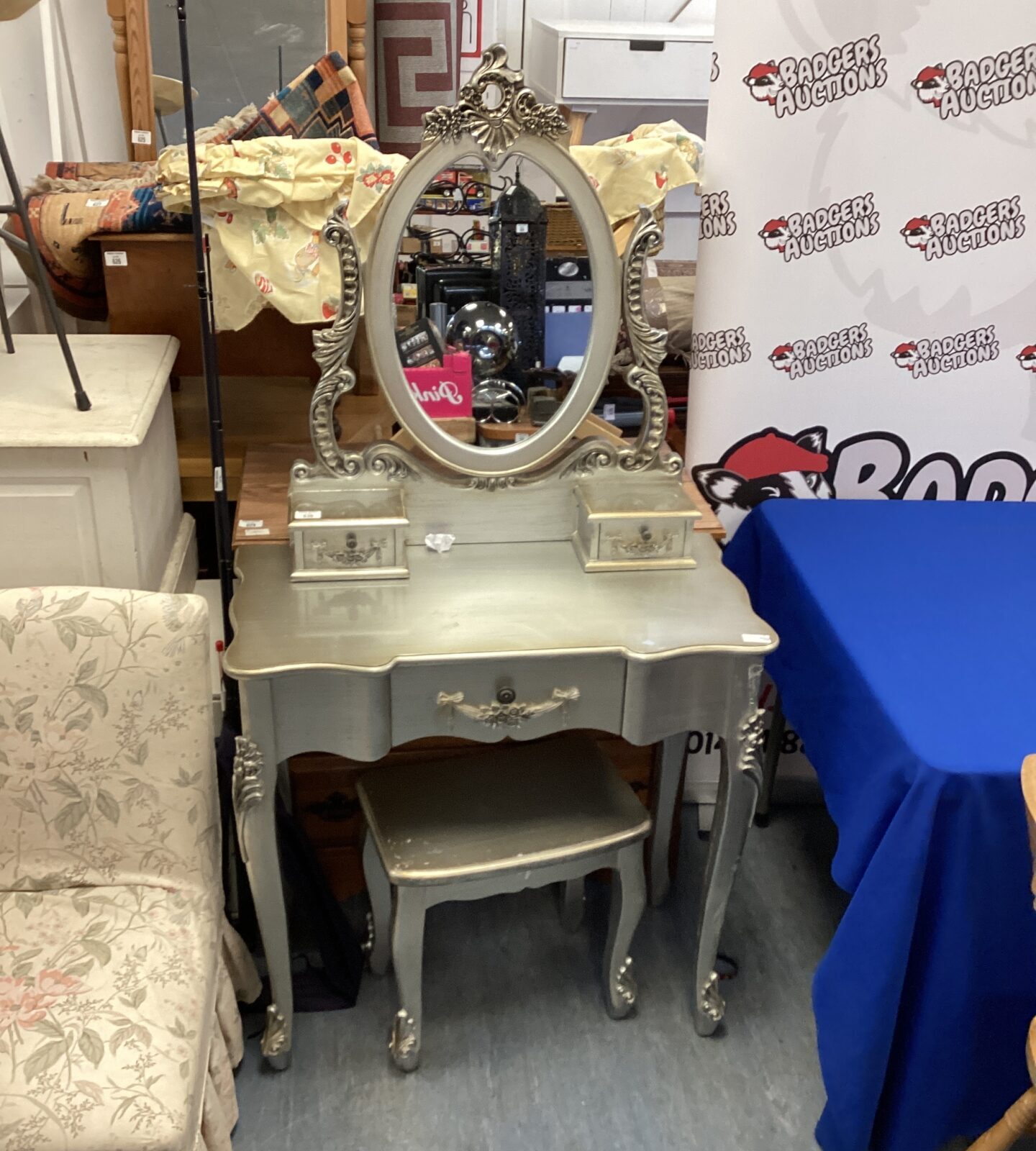 modern silver dressing table with mirror & stool