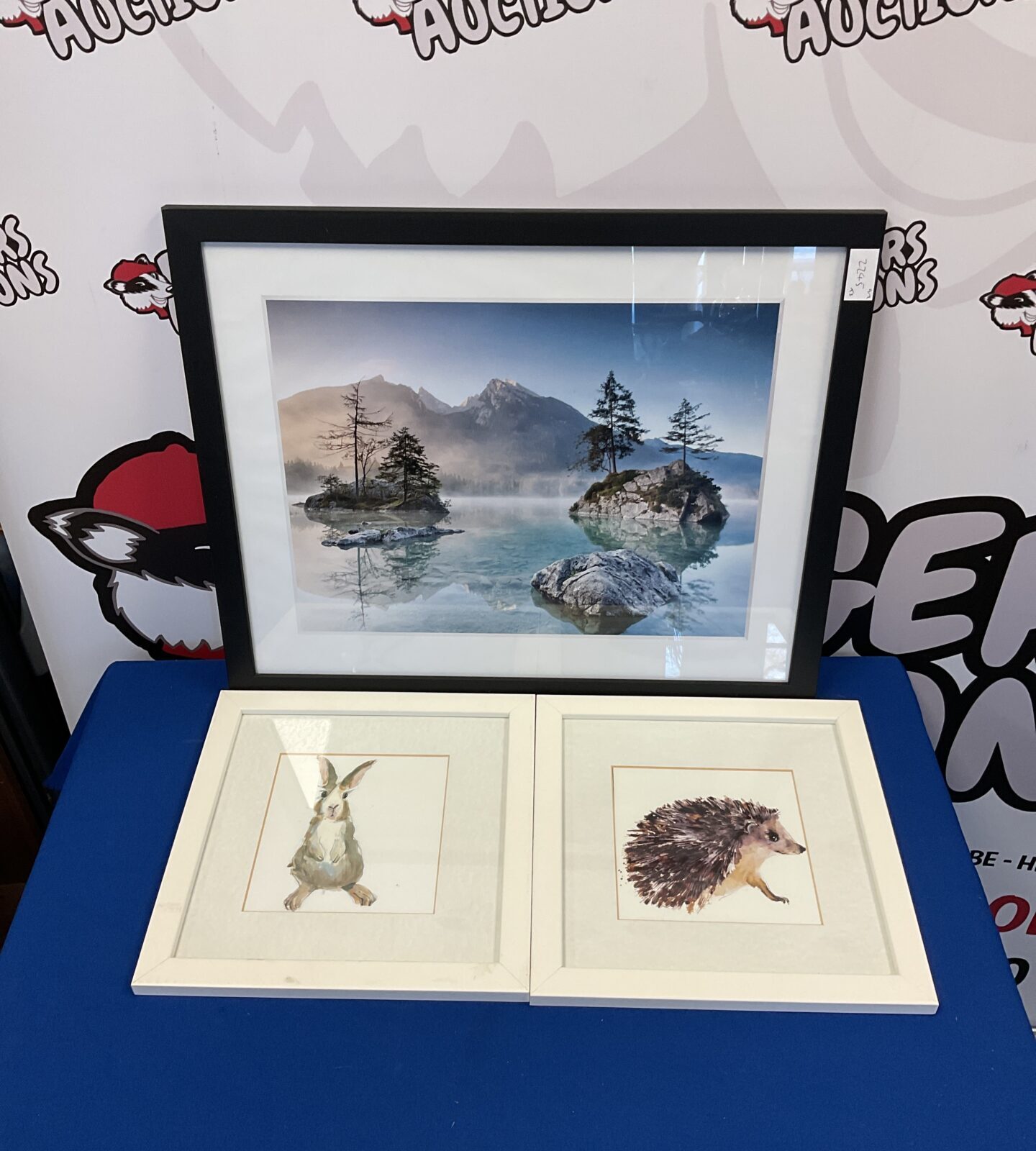 Pair of animal framed prints & photographic print of lake