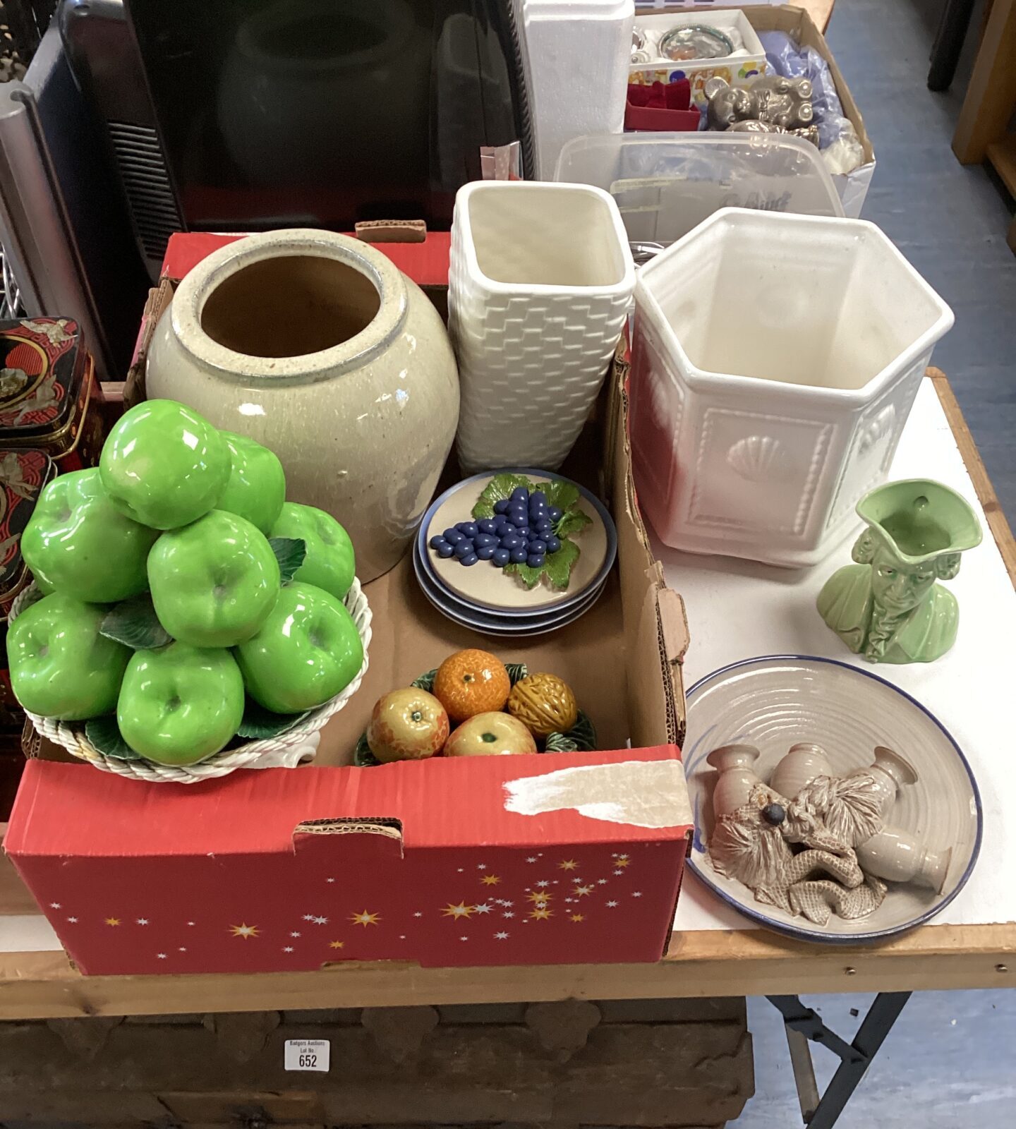 Tray of mixed china & ceramic planters with china apple display ornament