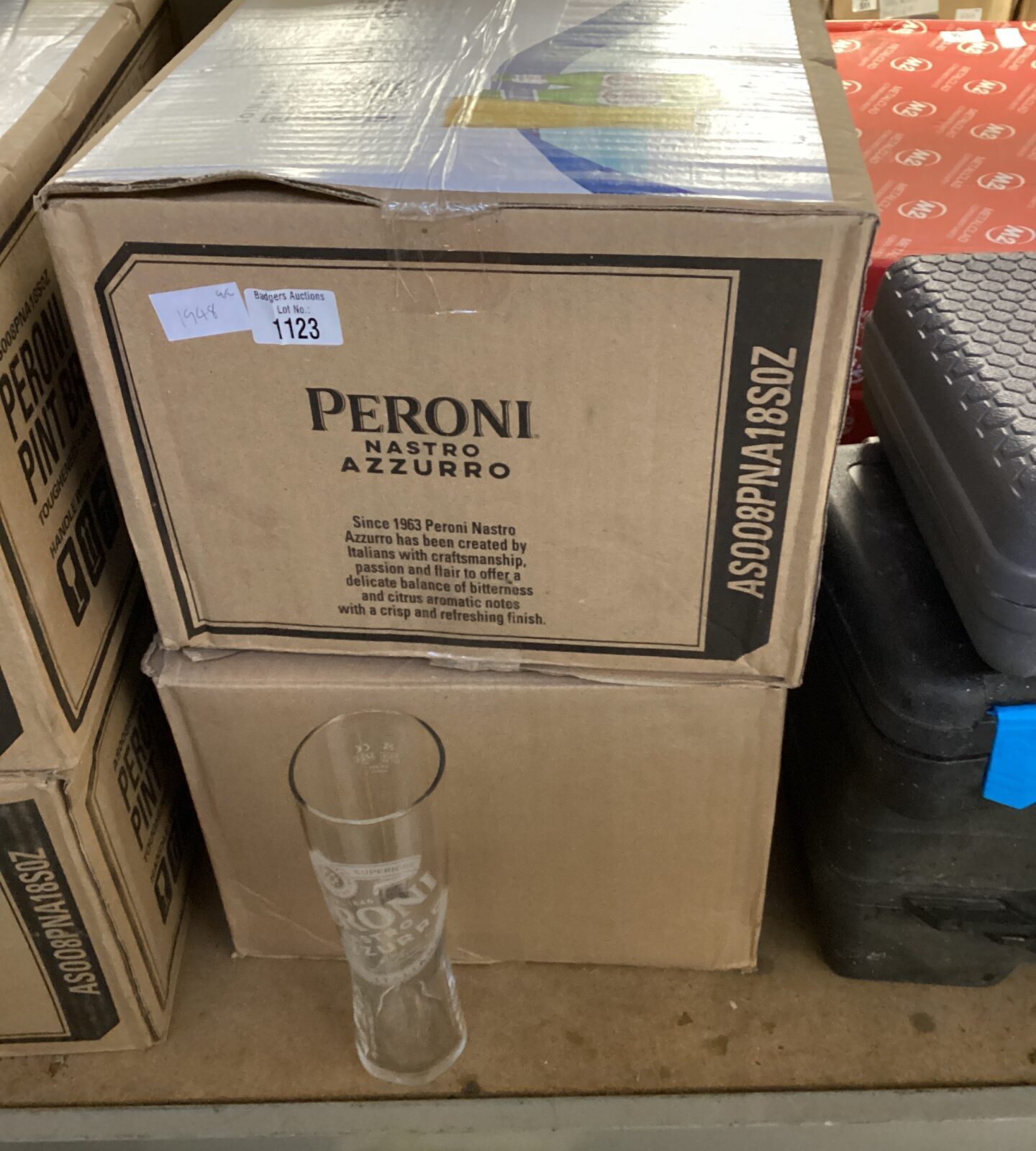 Forty eight peroni pint glasses new in box