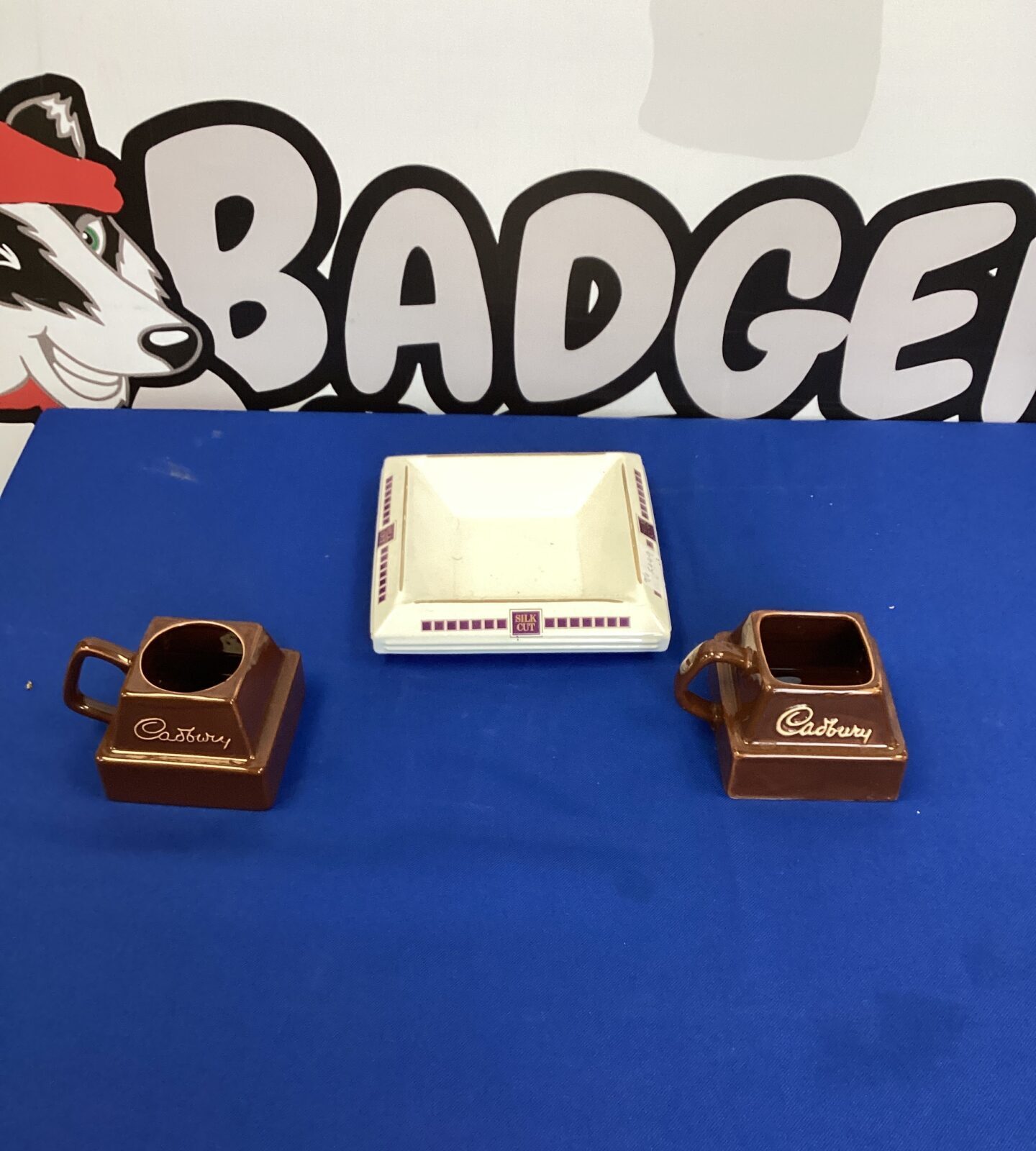 Two classic Cadbury Mugs and Silk Cut Ash tray