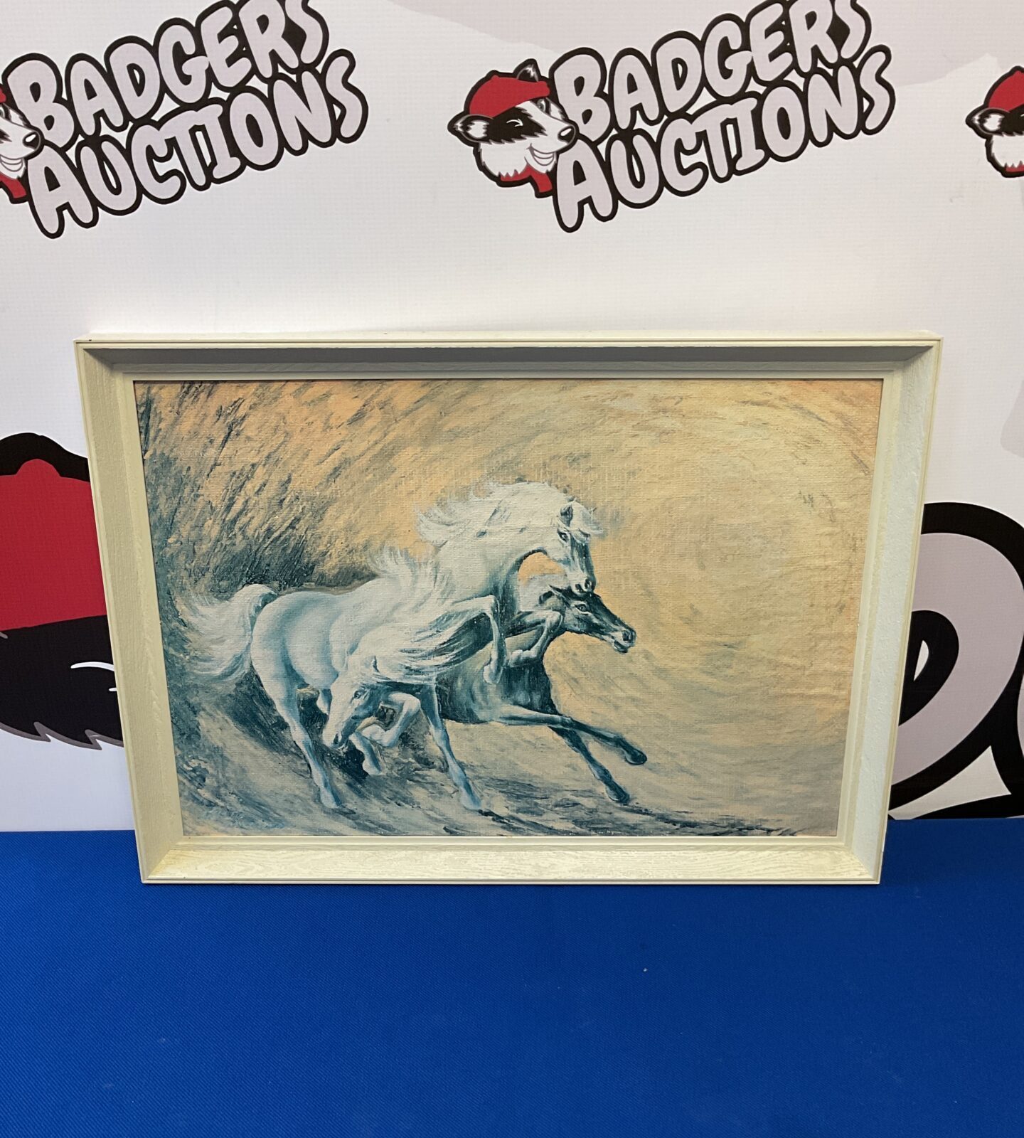 Vintage framed print of white horses