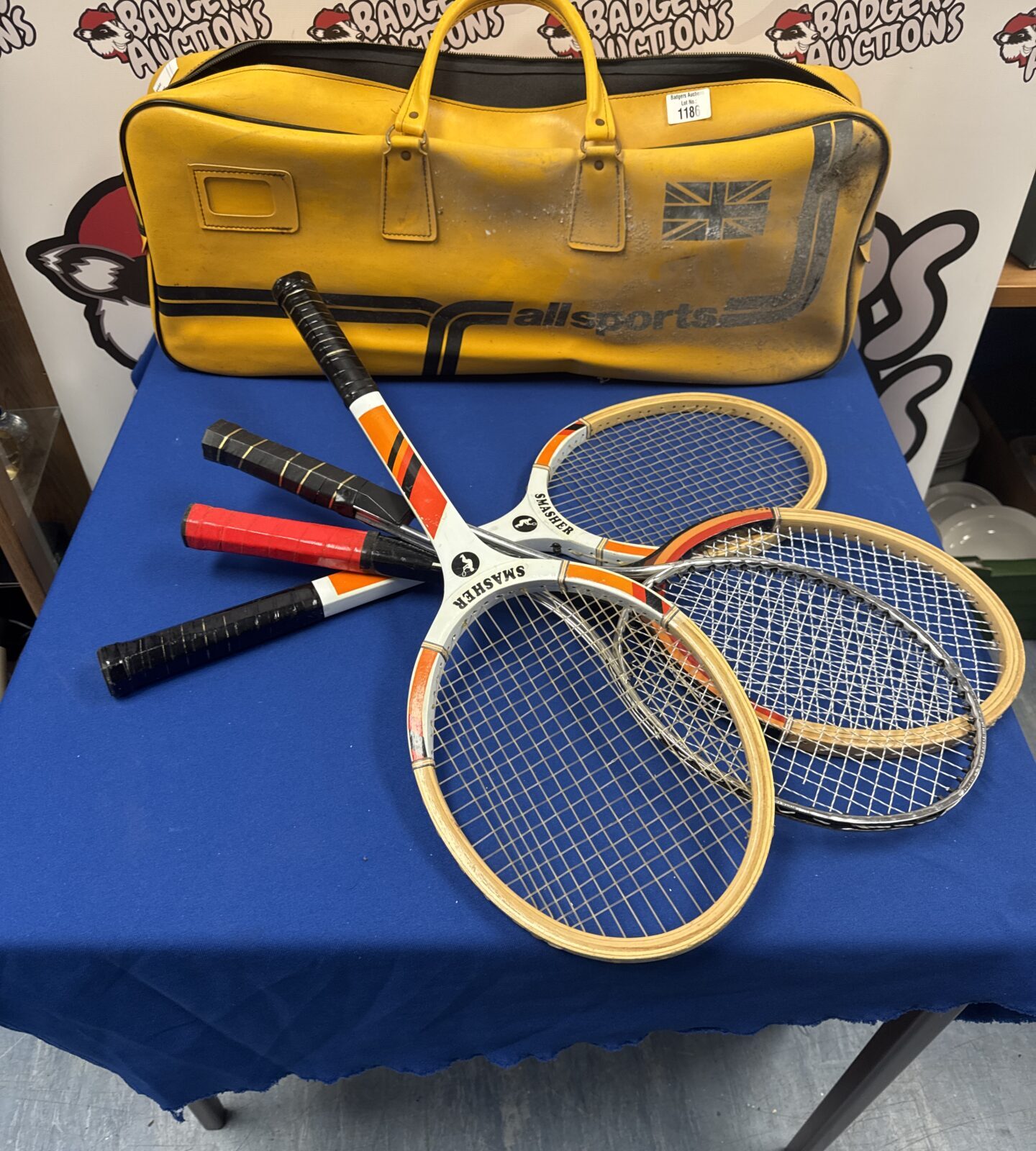 Vintage allsports racket bag with four tennis rackets inc smasher