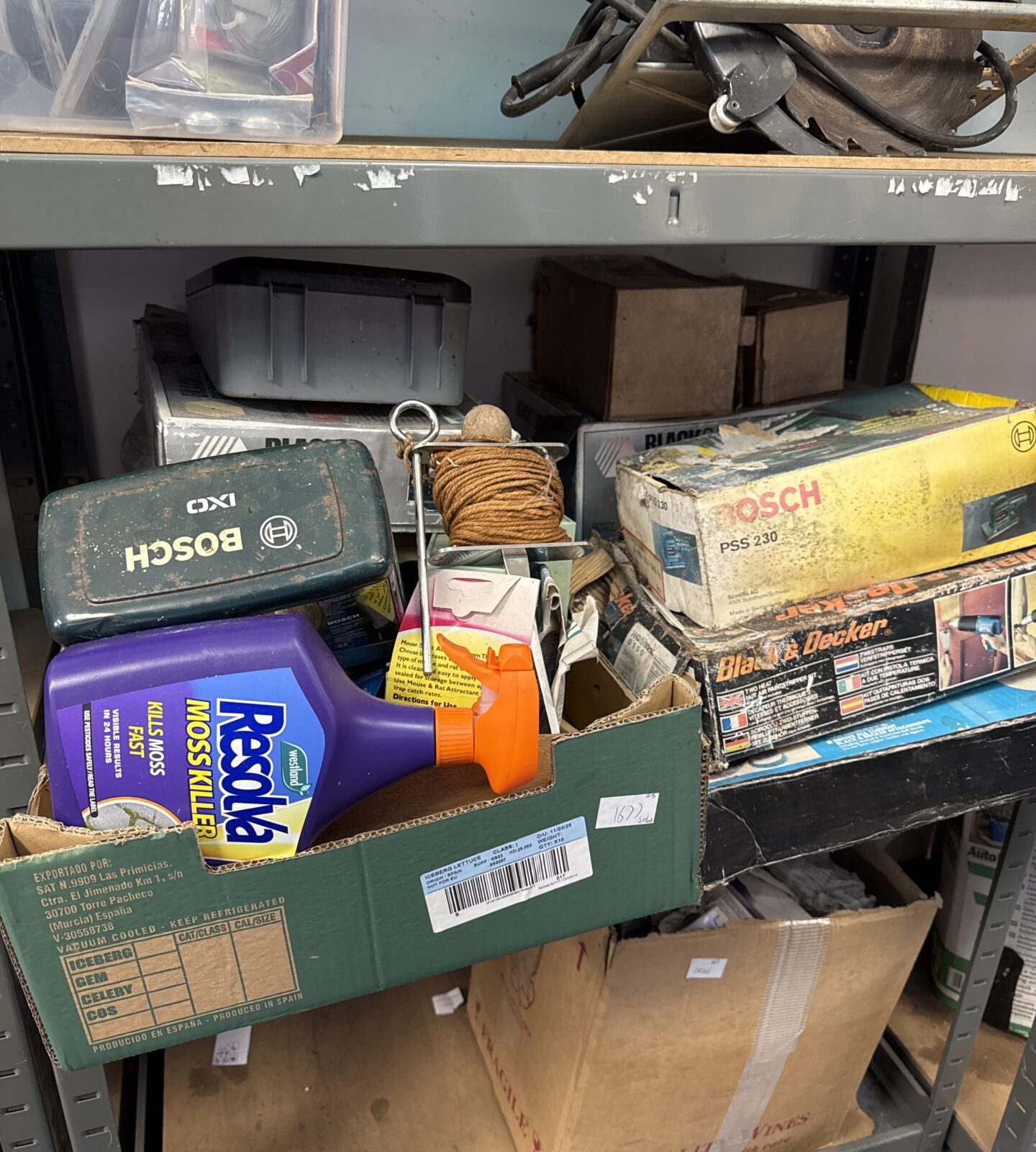 Whole shelf of mixed house clearance items inc Bosch orbital sander