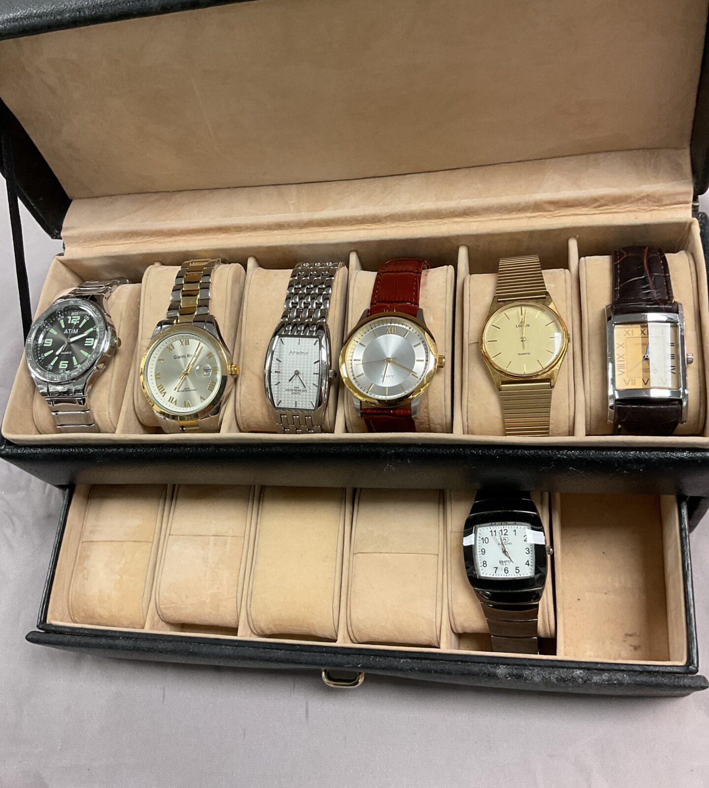 Leather watch case with seven wristwatches