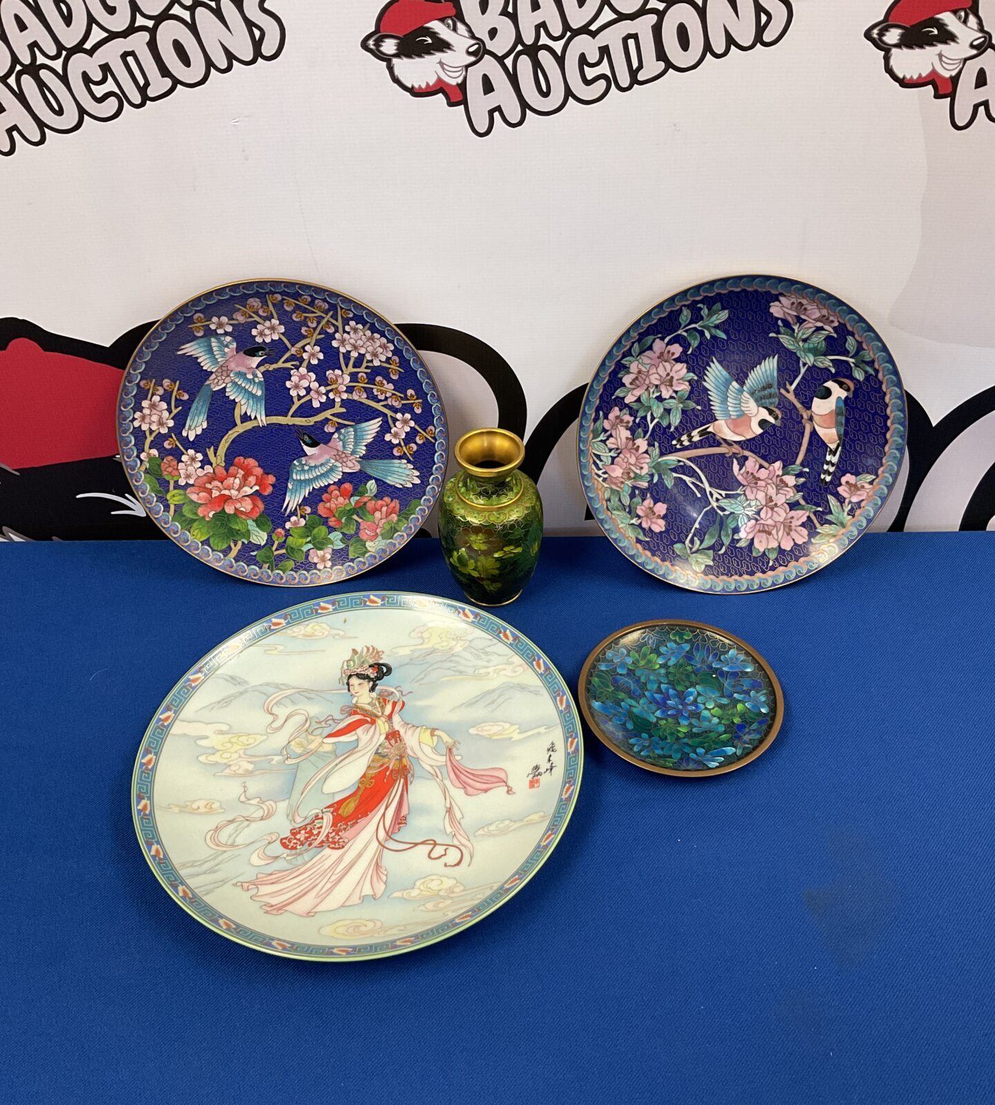 Three chinese cloisonné  plates & vase with ceramic geisha plate