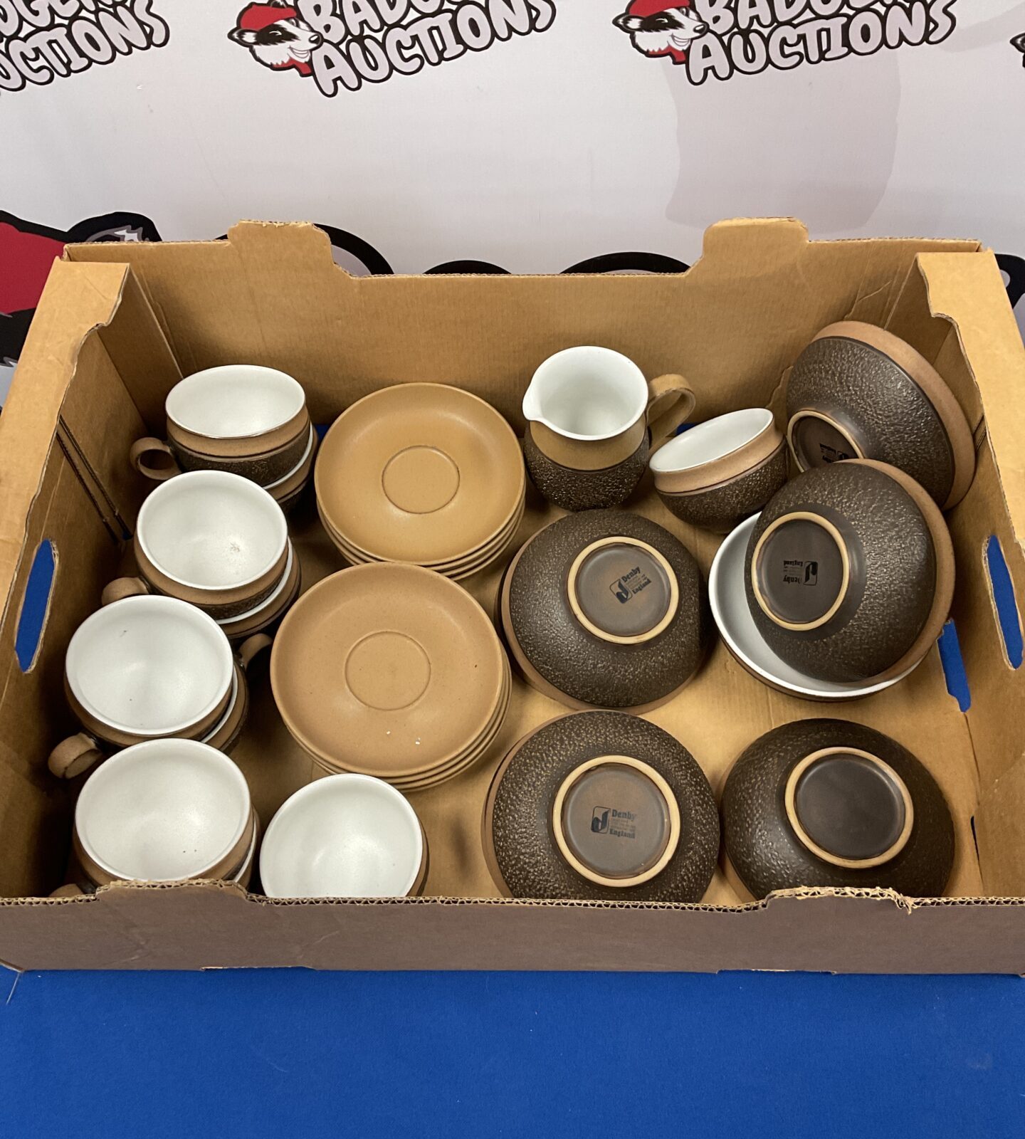 Box of denby stoneware pottery bowls, cups & saucers