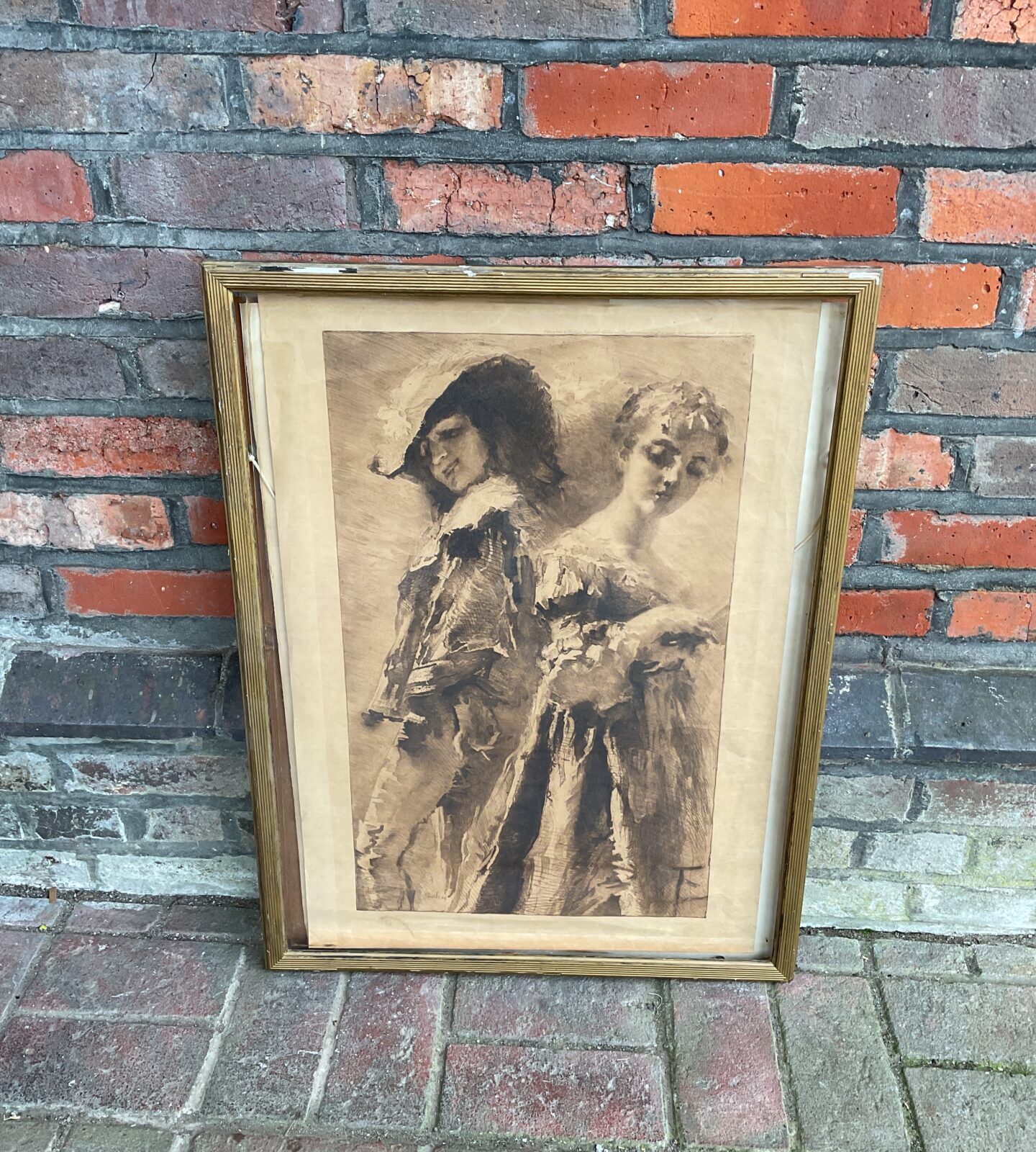 Antique framed print of a gentleman & lady