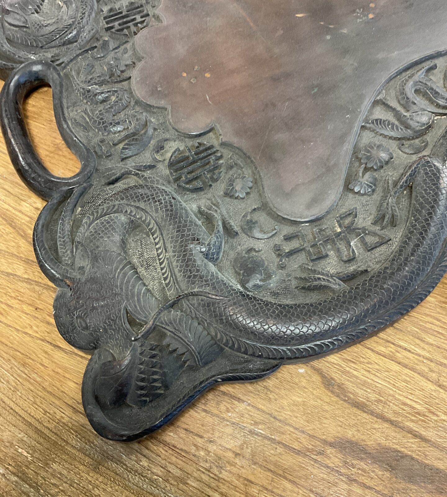 Large Antique chinese dragon carved hardwood tray - Image 2