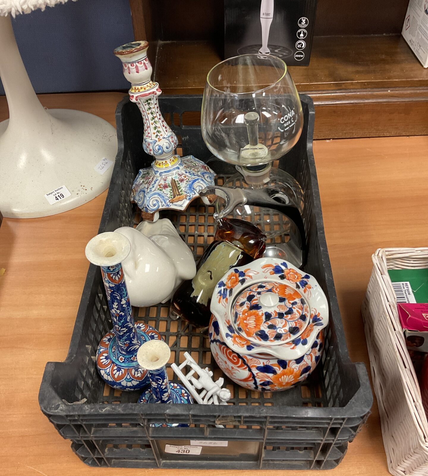 Tray of mixed including hand painted Portuguese candlestick