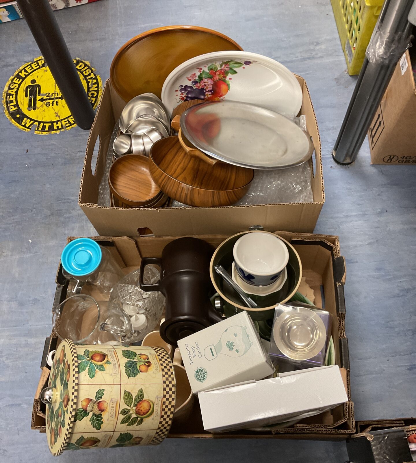 Two boxes of mixed china, pottery & cookware