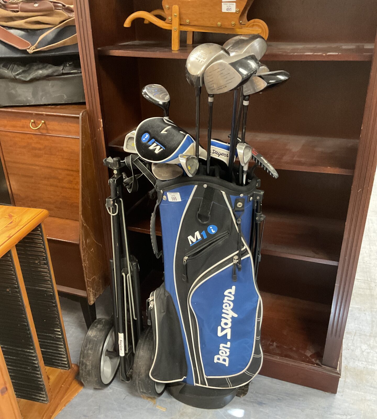 Set of ben sayers golf clubs in bag with trolley