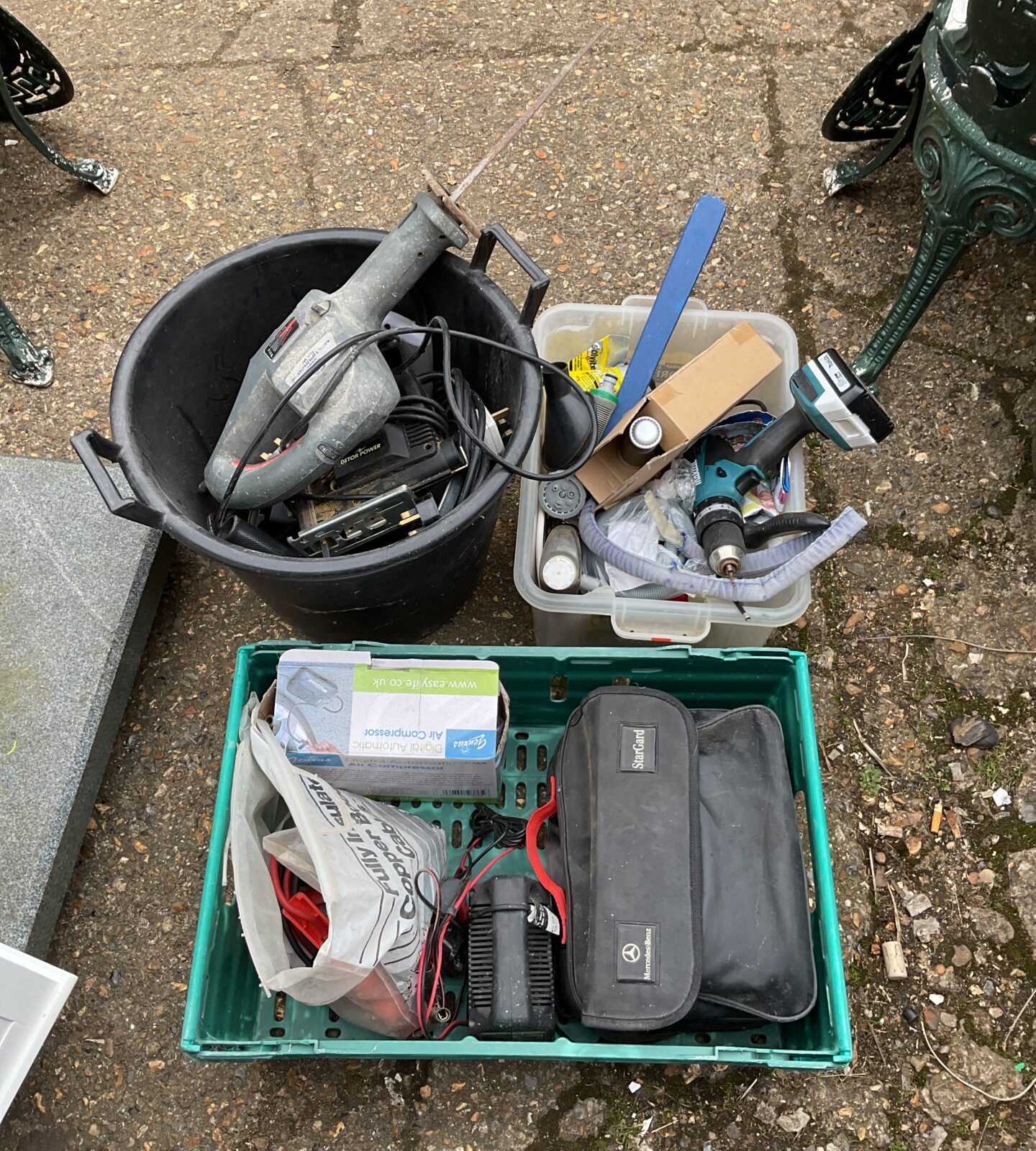 Three trays of tools & hardware inc makita drill & mercedes cleaning kit