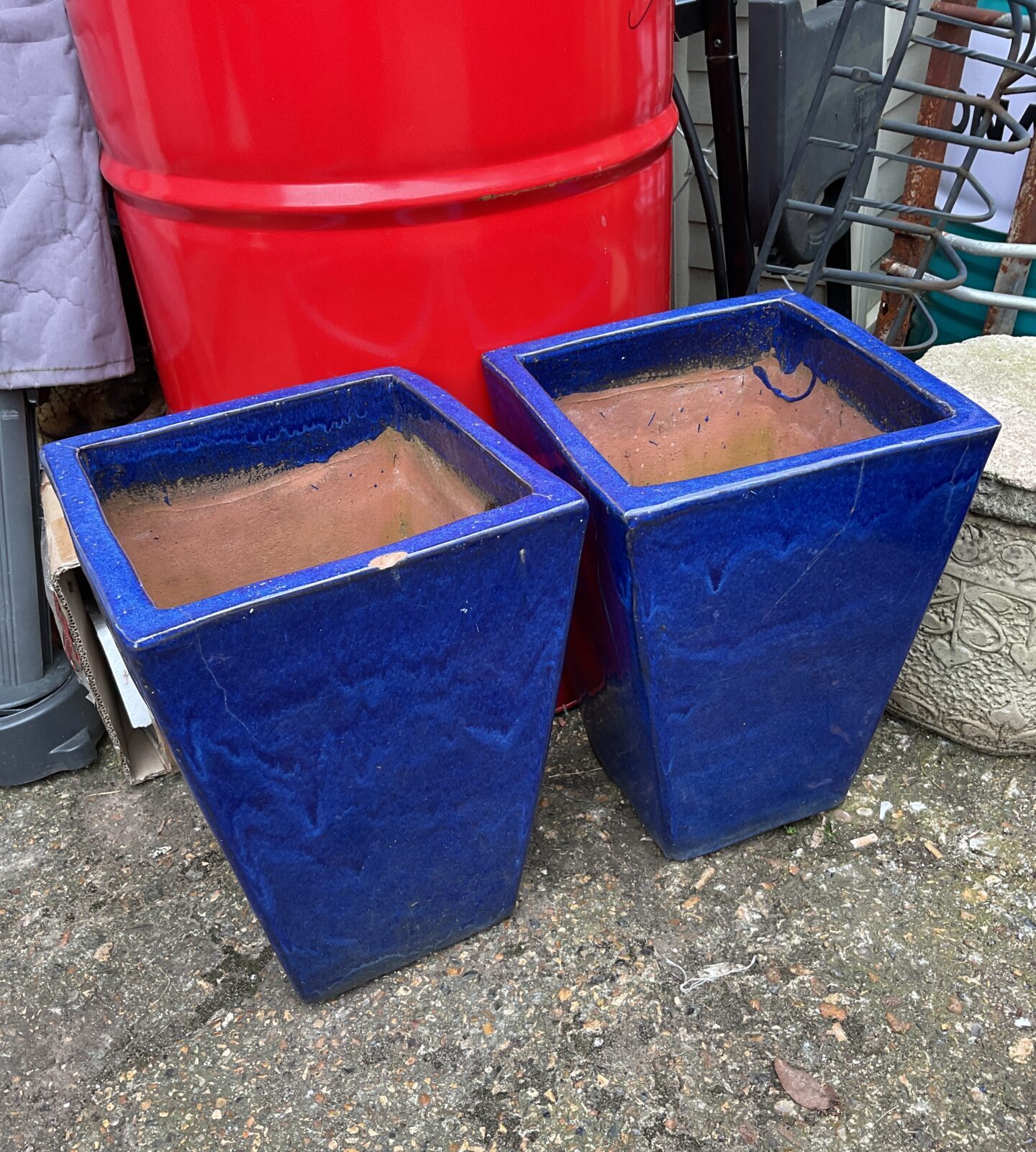 Pair of blue glazed garden plant pots